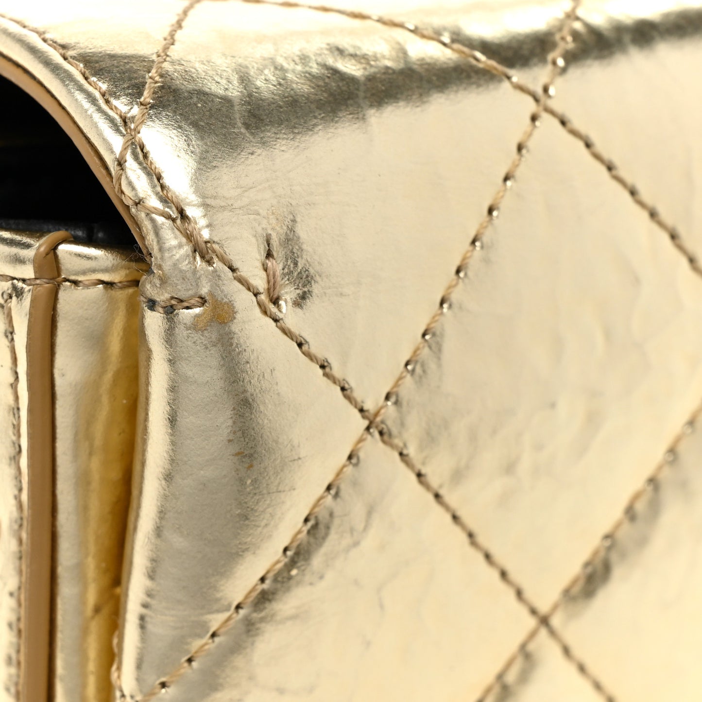 Hammered Metallic Calfskin Quilted Flap Gold