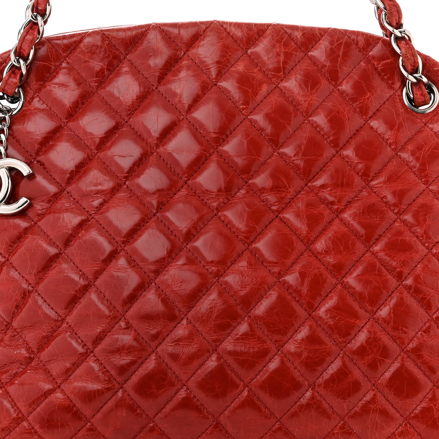 Glazed Calfskin Quilted Large Just Mademoiselle Bowling Bag Red
