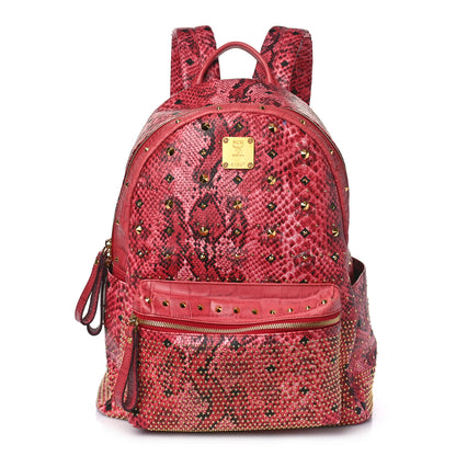 MCM Snakeskin Embossed Visetos Studded Medium Stark Backpack Red Pink 1 of 12