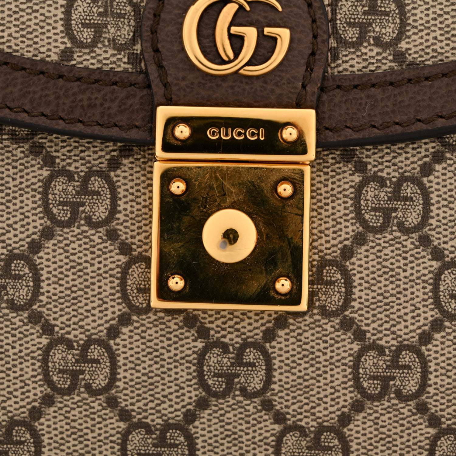 Gucci GG Supreme Monogram Textured Dollar Calfskin Web Small Ophidia Padlock Top Handle Bag Beige Ebony New Acero 11 of 13