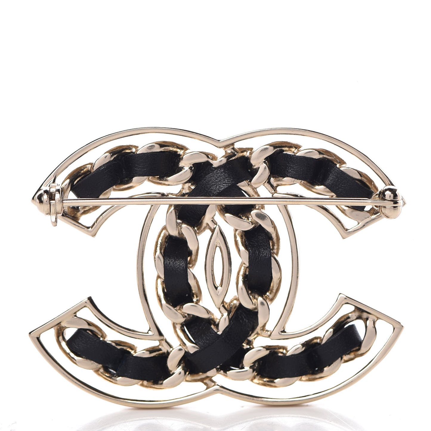 Metal Calfskin Chain CC Brooch Black Gold