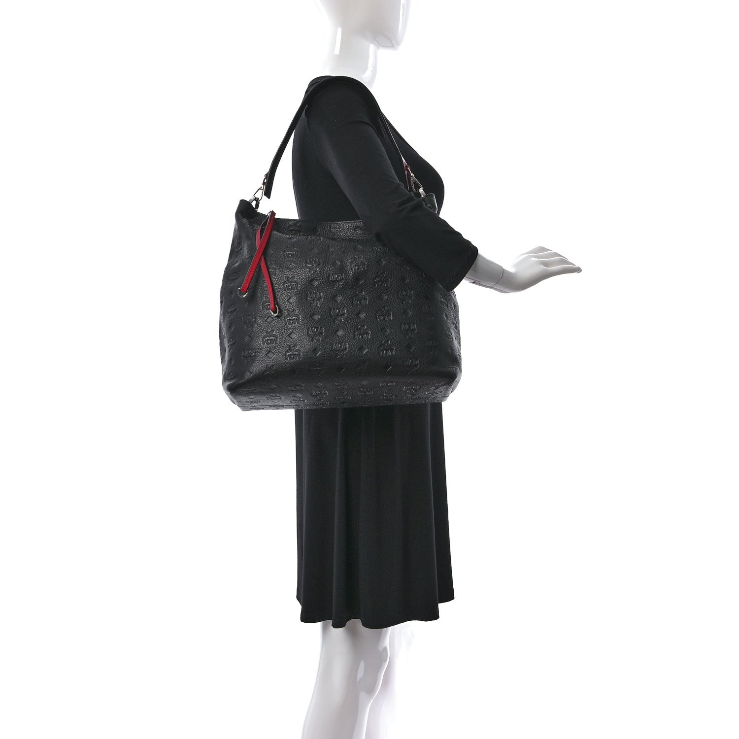 MCM Calfskin Ottomar Monogram Large Klara Hobo Black Red 2 of 12