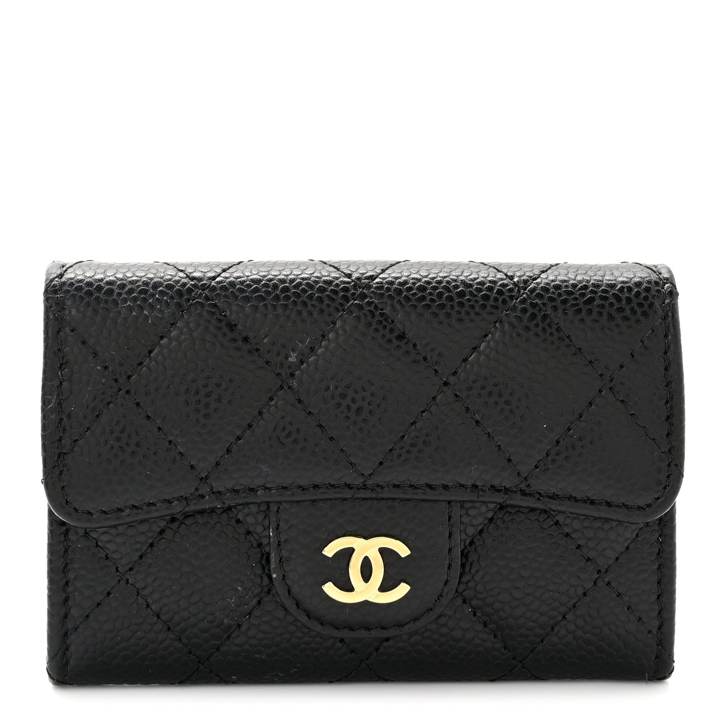 Caviar Quilted Flap Card Holder Wallet Black