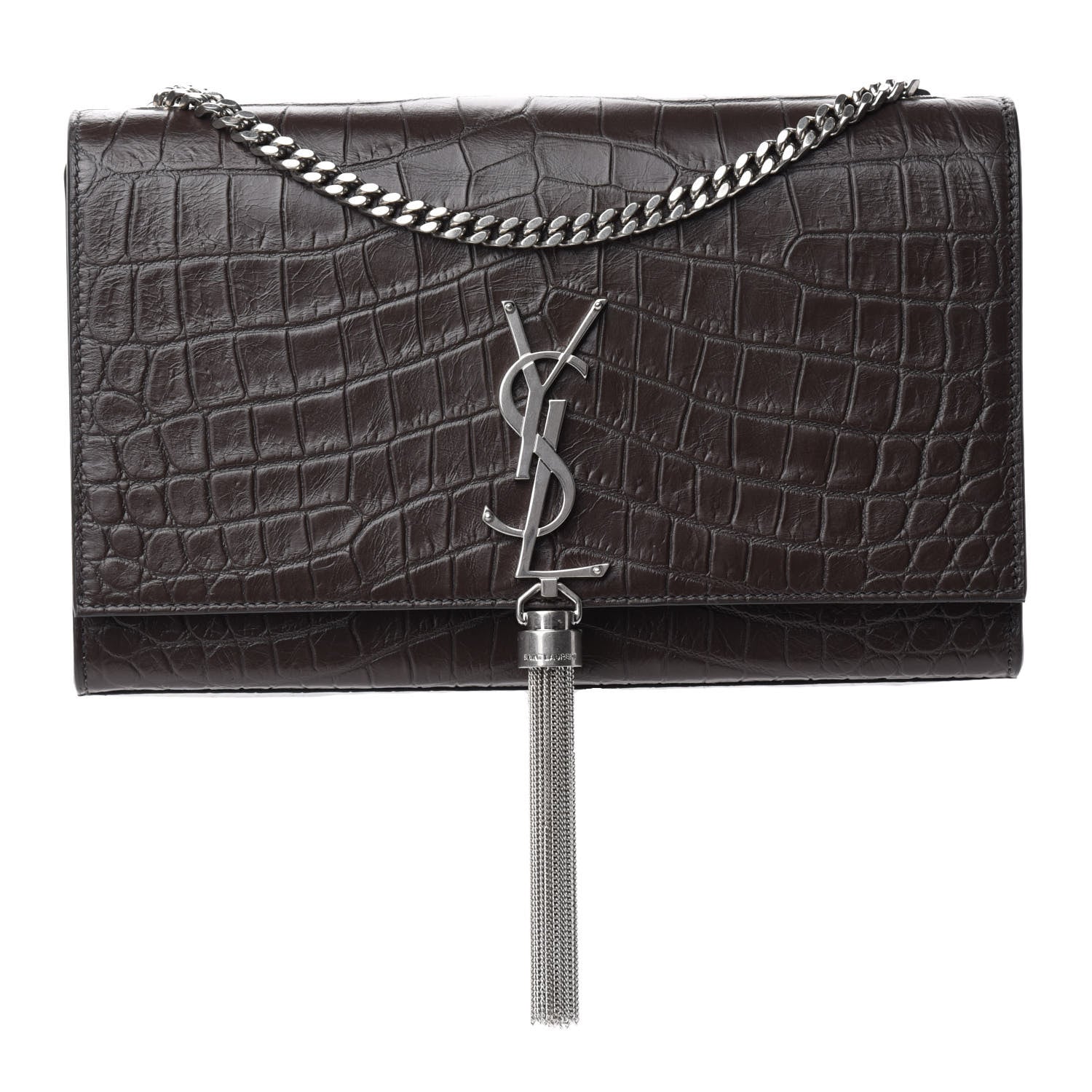 Saint Laurent Calfskin Crocodile Embossed Medium Classic Monogram Kate Tassel Satchel Earth Grey 1 of 10