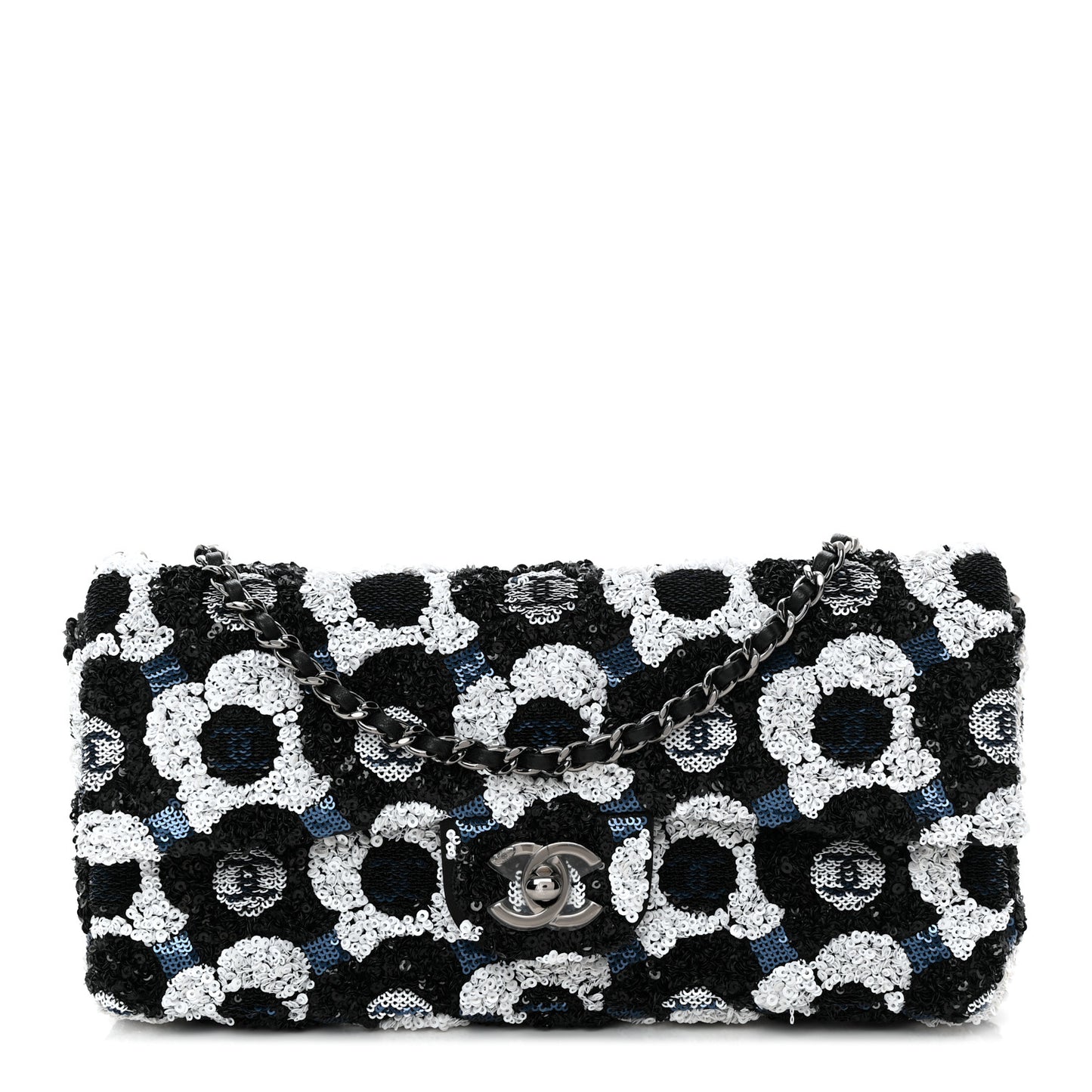 Satin Sequin Embellished Flower East West Flap Black White Blue