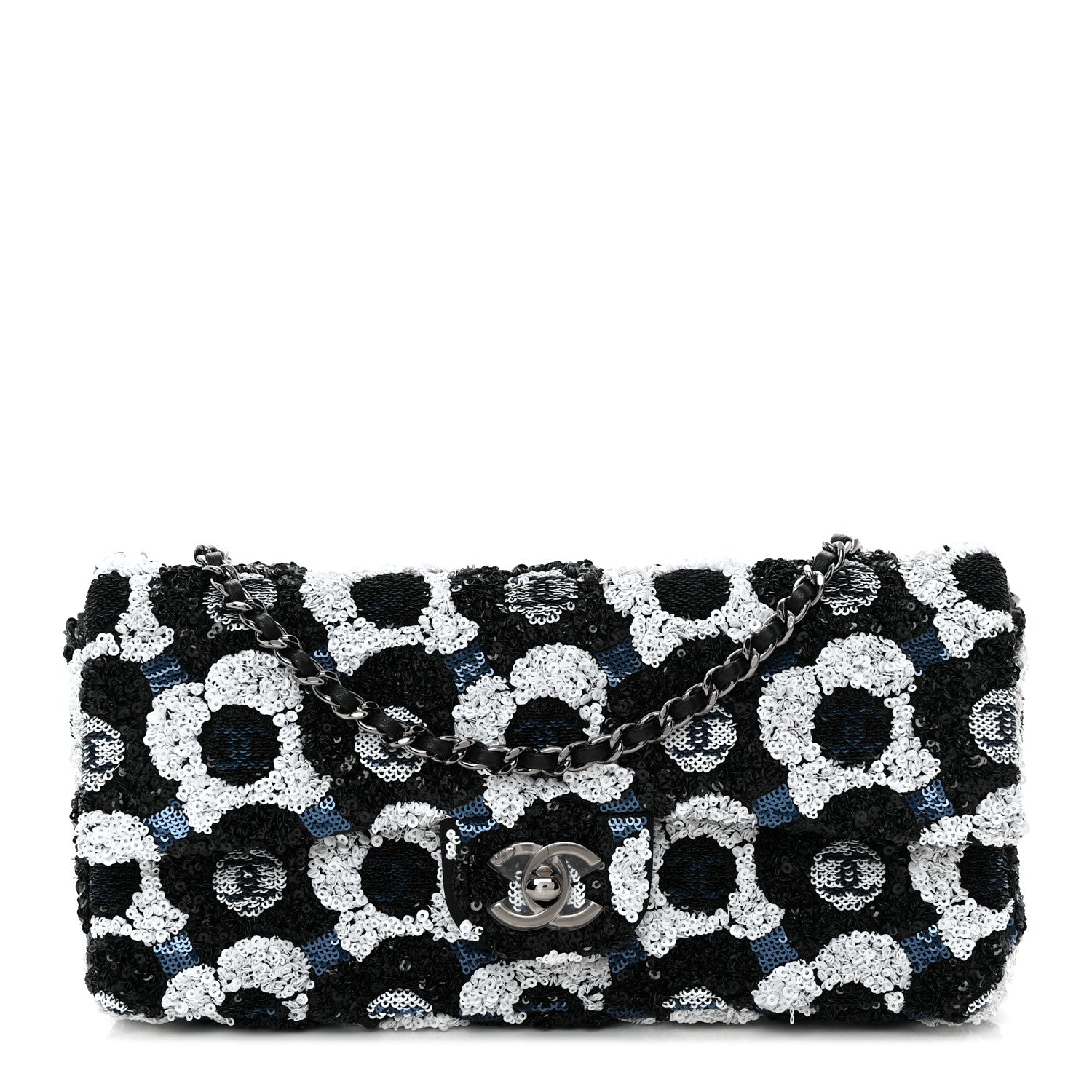 Chanel Satin Sequin Embellished Flower East West Flap Black White Blue 1 of 10