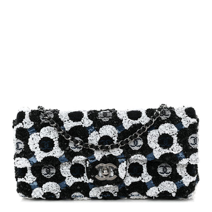 Chanel Satin Sequin Embellished Flower East West Flap Black White Blue 1 of 10