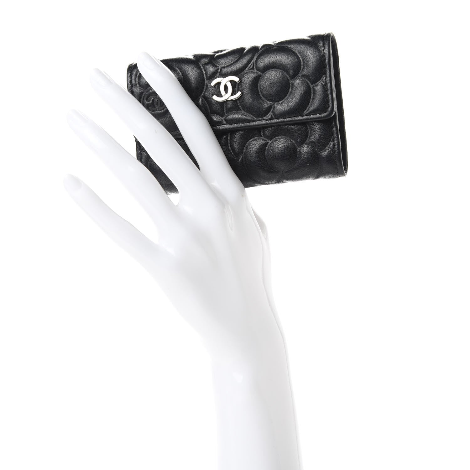 Chanel Goatskin Camellia Embossed 4 Key Holder Black 2 of 11