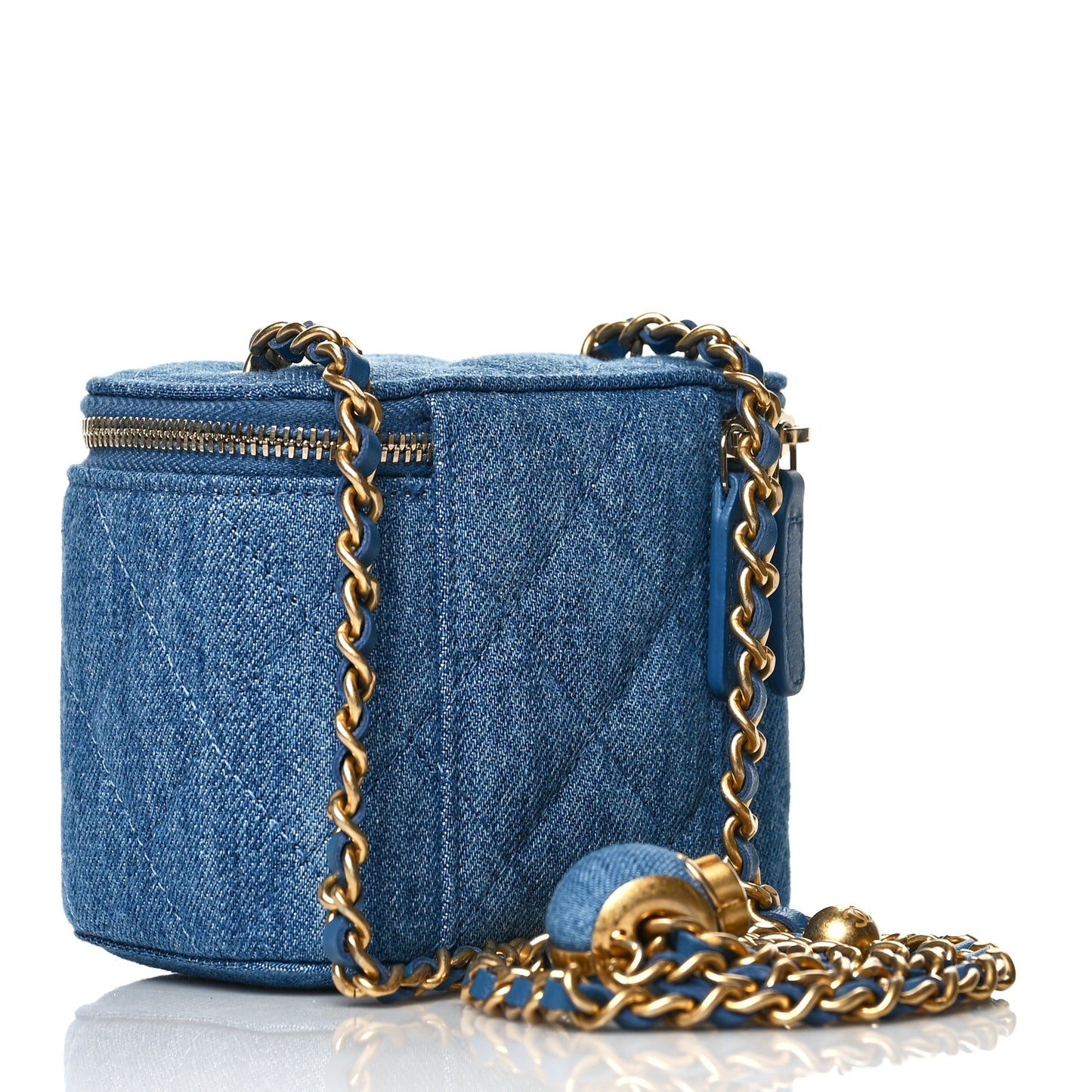 Denim Quilted Mini Pearl Crush Vanity Case With Chain