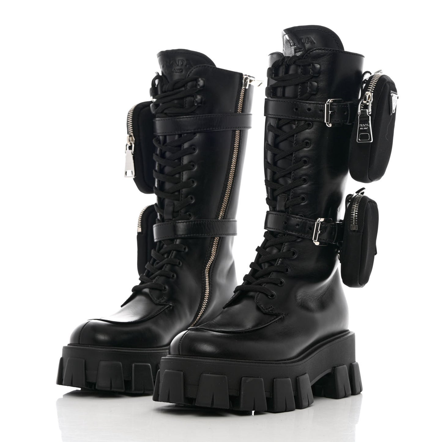 Vitello Lux Nylon Metal Triangle Logo Monolith Pouch Pocket 55mm Tall Combat Boots 35.5 Black