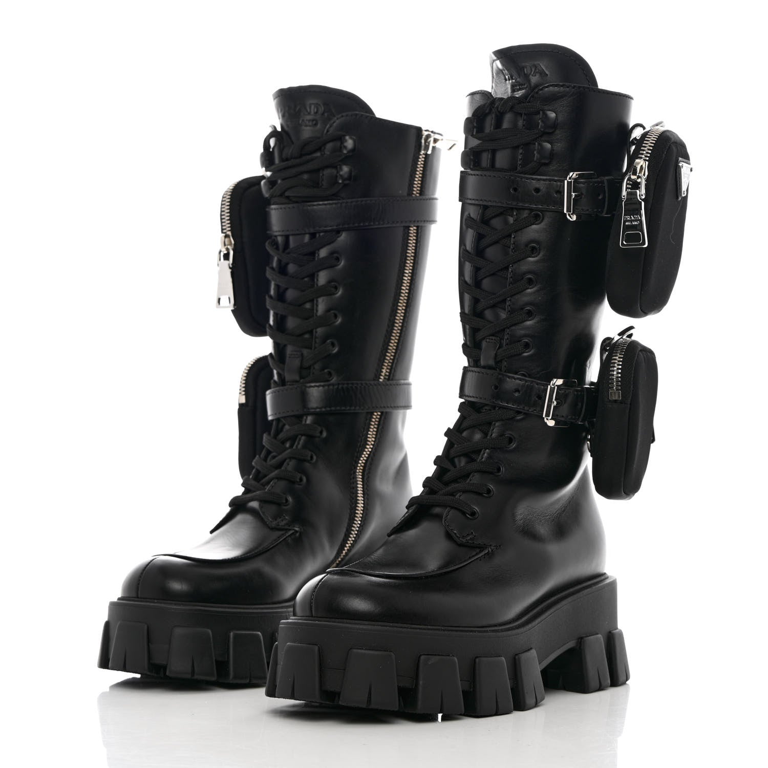 Prada Vitello Lux Nylon Metal Triangle Logo Monolith Pouch Pocket 55mm Tall Combat Boots 35.5 Black 3 of 12