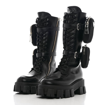 Prada Vitello Lux Nylon Metal Triangle Logo Monolith Pouch Pocket 55mm Tall Combat Boots 35.5 Black 3 of 12