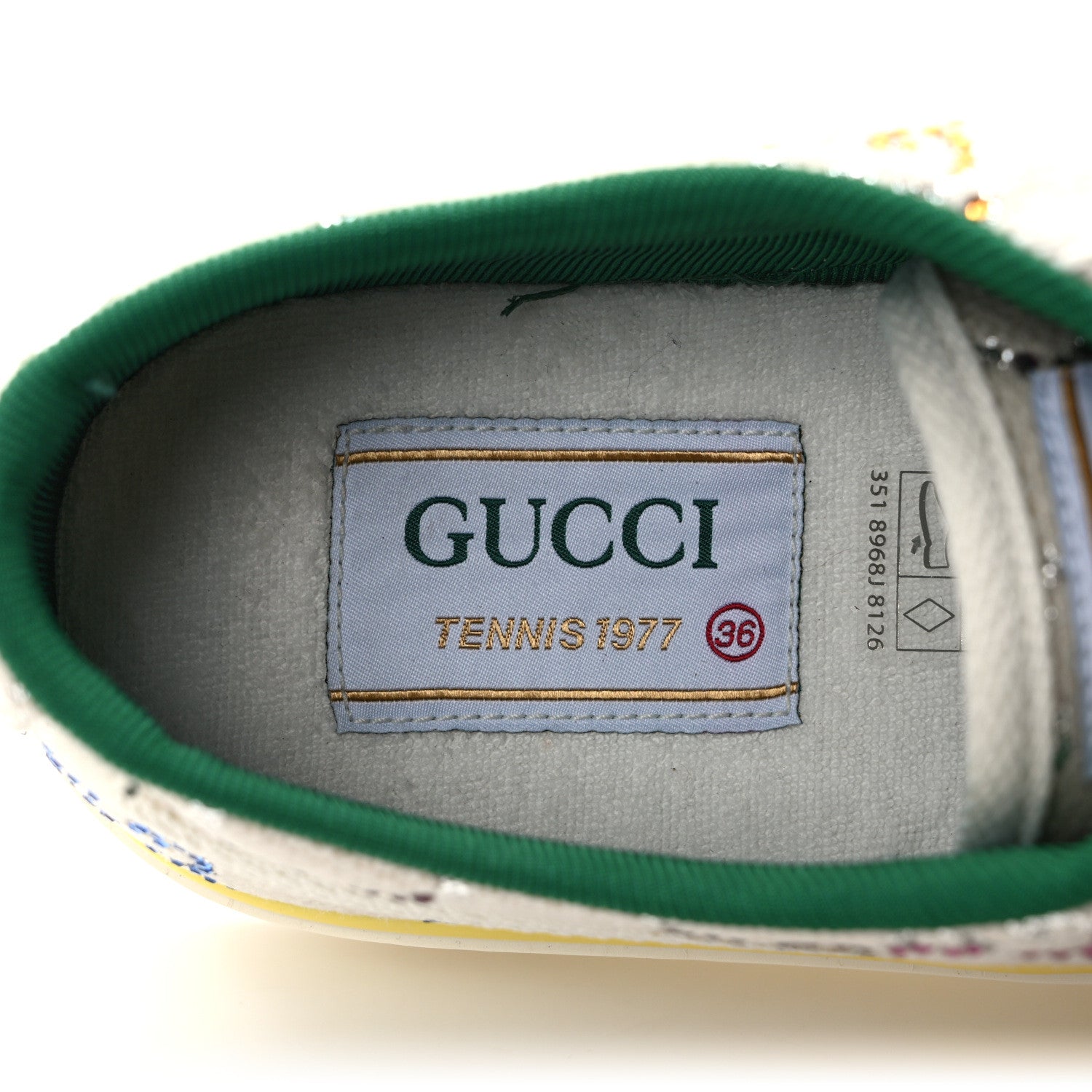 Gucci Canvas Lame Crystal GG Monogram Womens 1977 Tennis Sneakers 36 Gardenia Silver Mystic White 7 of 8