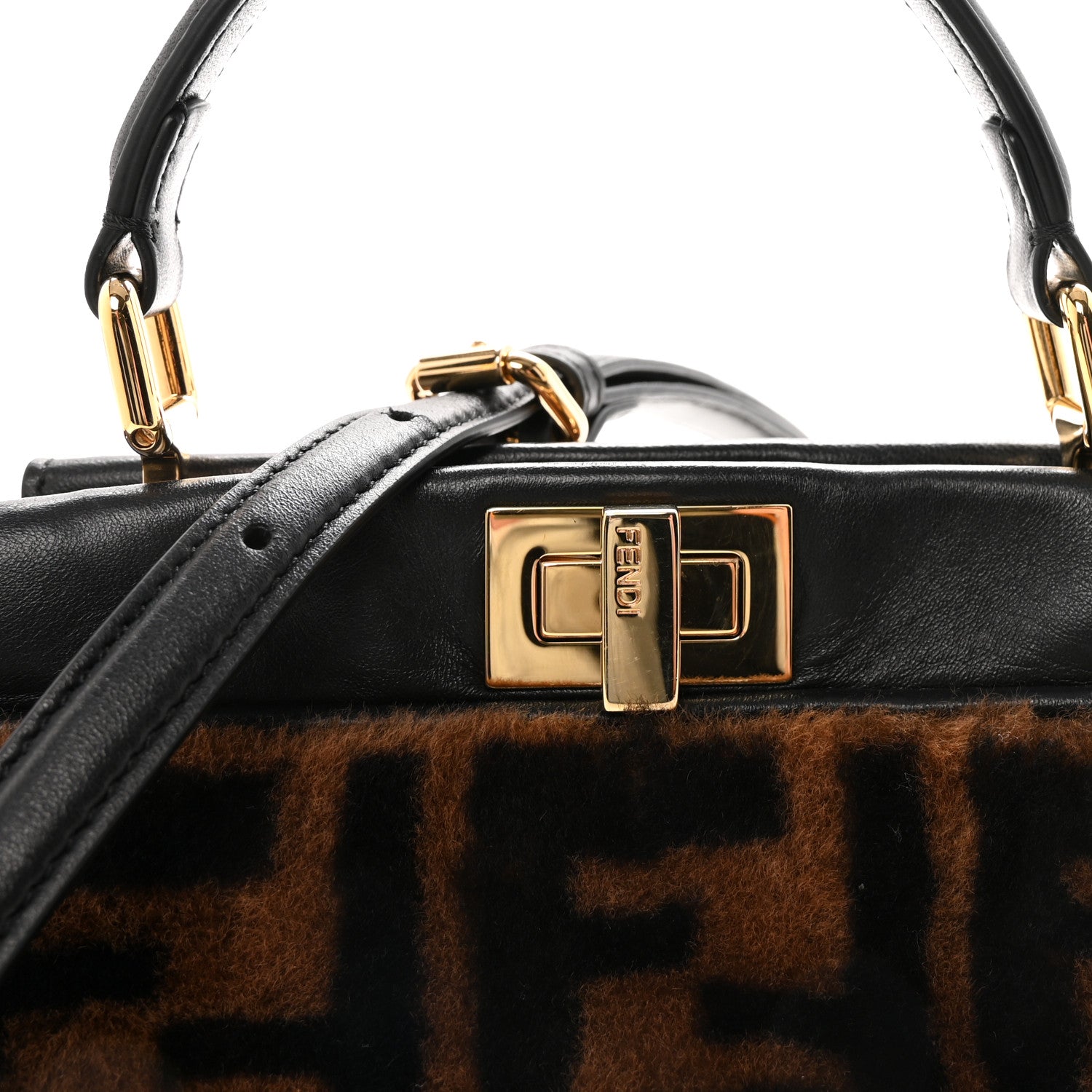 Fendi Shearling Nappa Macro FF 1974 Mini Peekaboo Iconic Satchel Tobacco Black 7 of 9