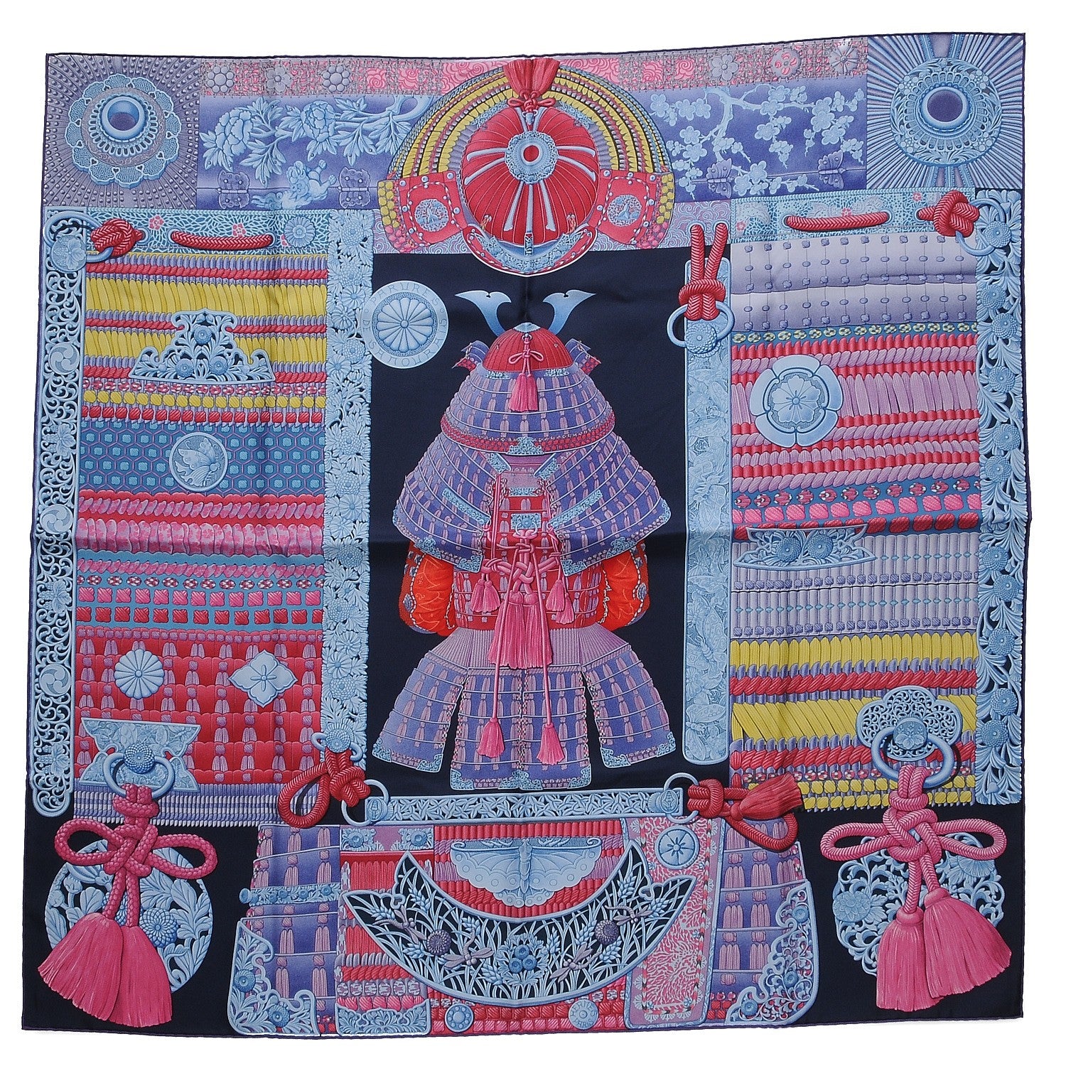 Hermes Silk Parures de Samouraïs Scarf 90 Marine Rose Bleu Glacier 1 of 7