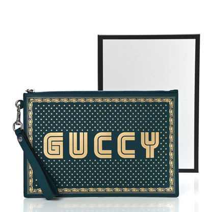 Gucci X SEGA Calfskin GUCCY Stars Zip Wristlet Pouch Dusty Turquoise Gold 12 of 12