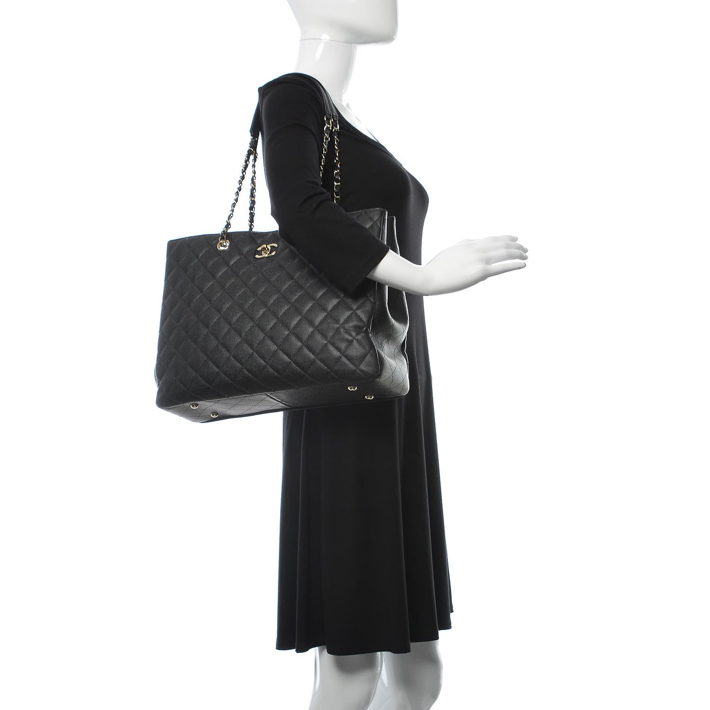 Caviar Quilted Large Classic Shopping Tote Black