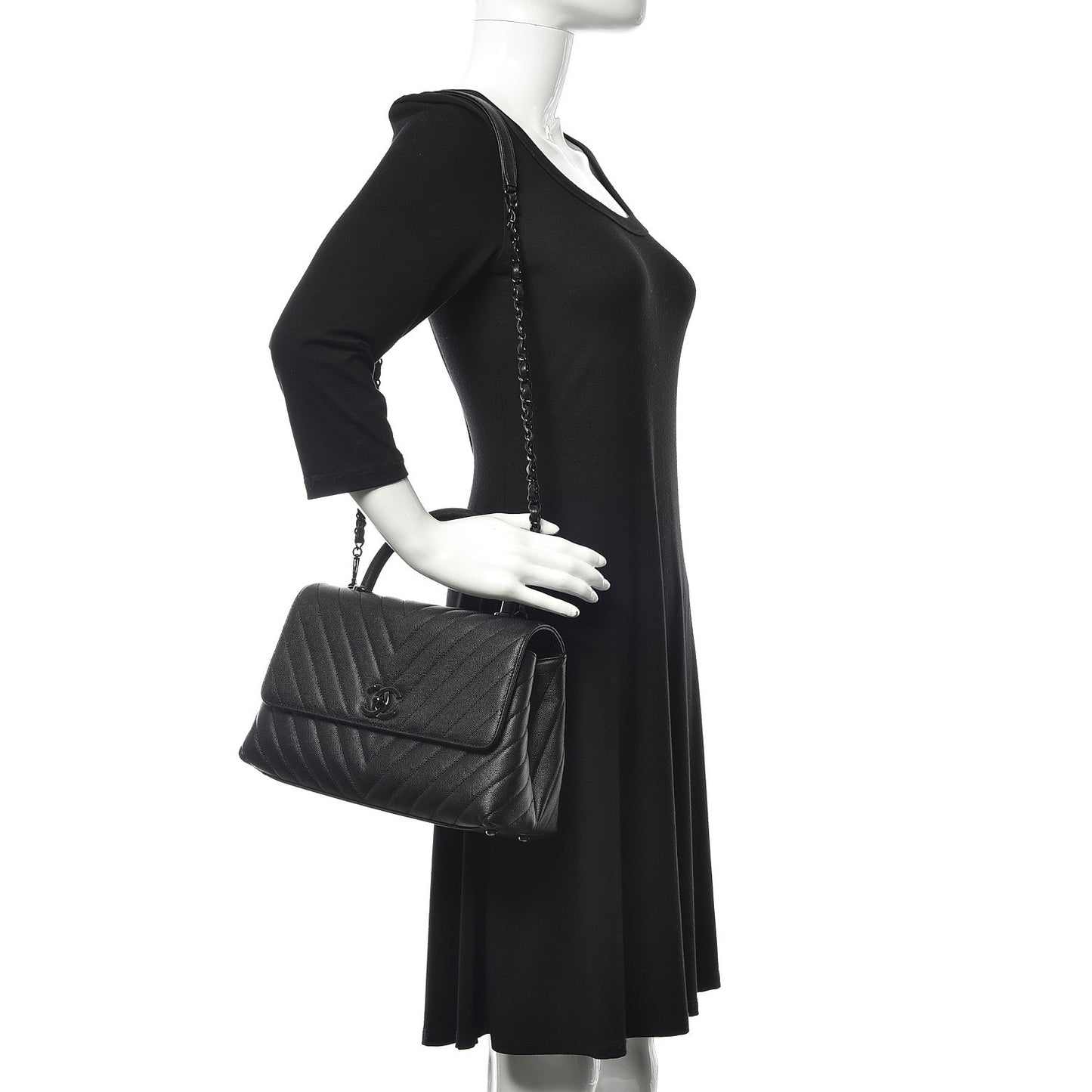 Caviar Chevron Quilted Small Coco Handle Flap So Black