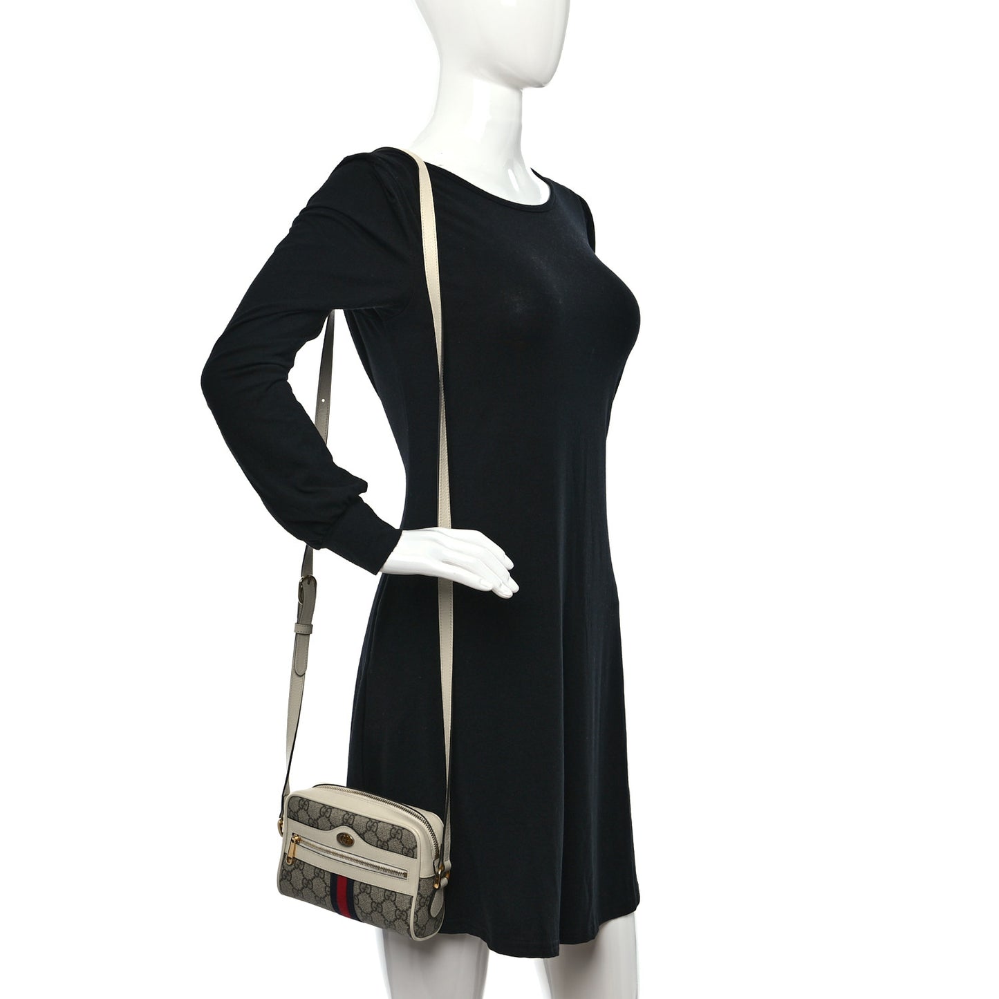 GG Supreme Monogram Textured Calfskin Web Mini Ophidia Shoulder Bag Beige Ebony Mystic White