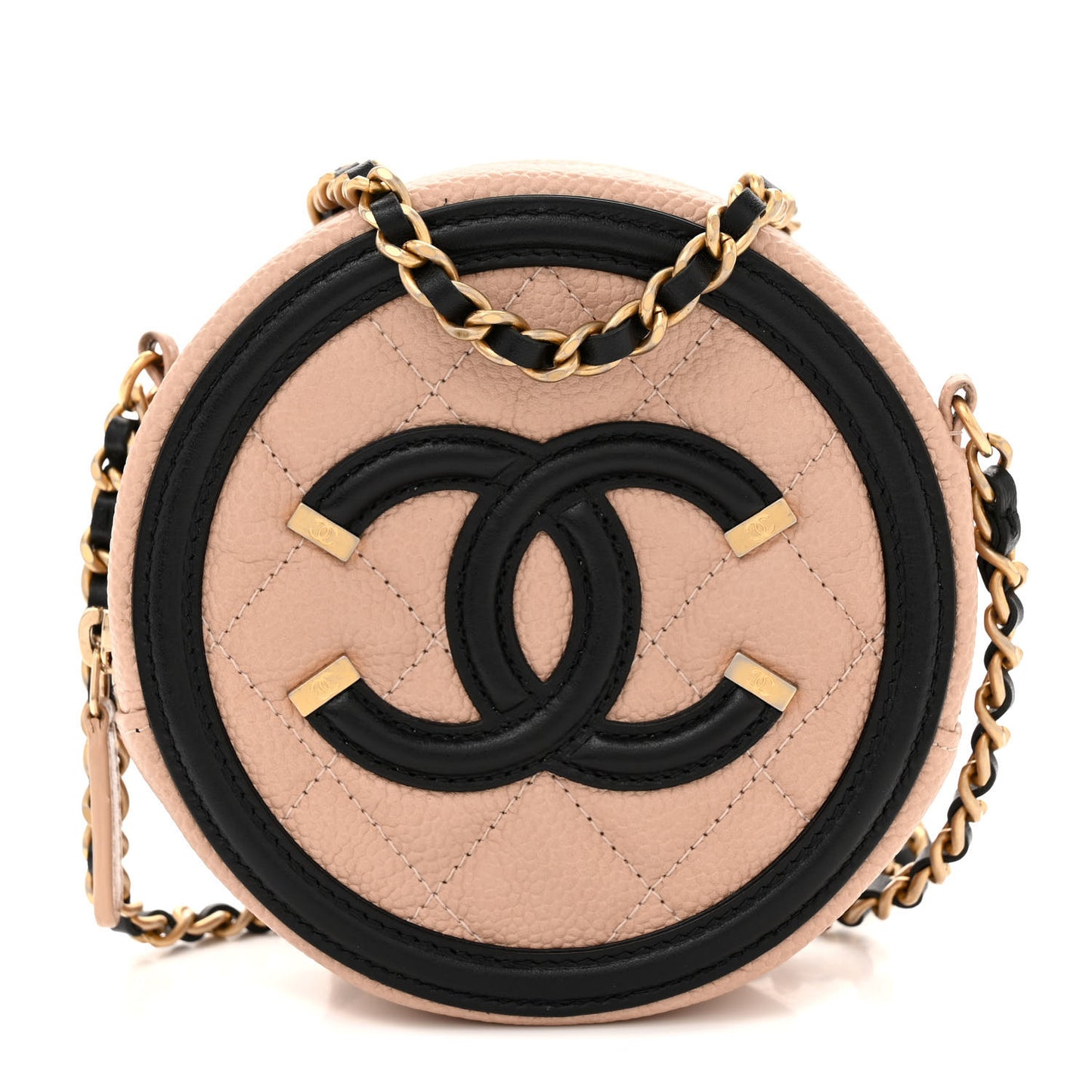 Caviar Quilted Round Filigree Crossbody Beige Black