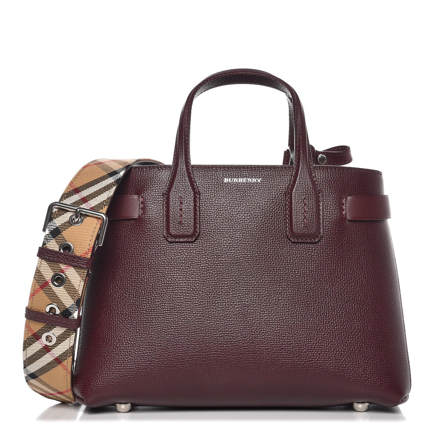 Grainy Calfskin House Check Small Banner Tote Mahogany Red