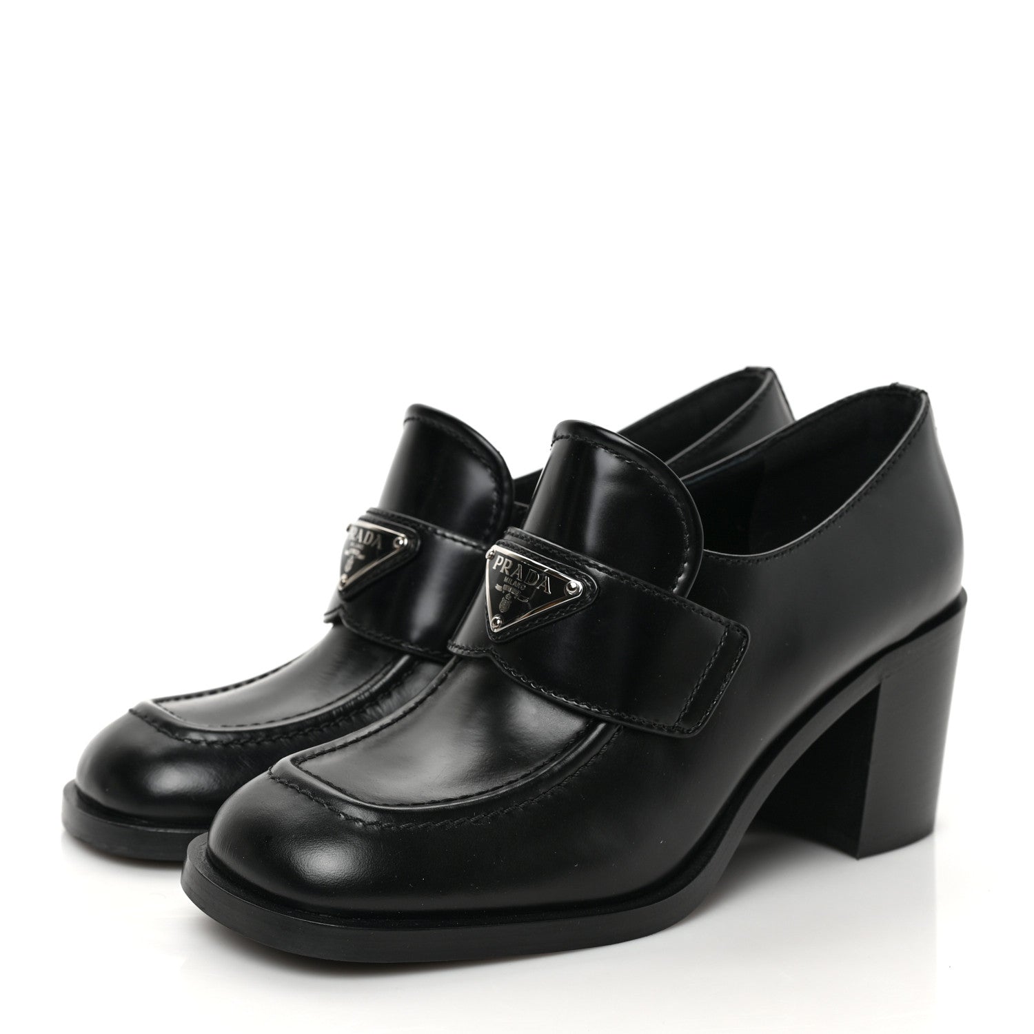 Prada Spazzolato Metal Triangle Logo 85mm Loafers 37.5 Black 3 of 8