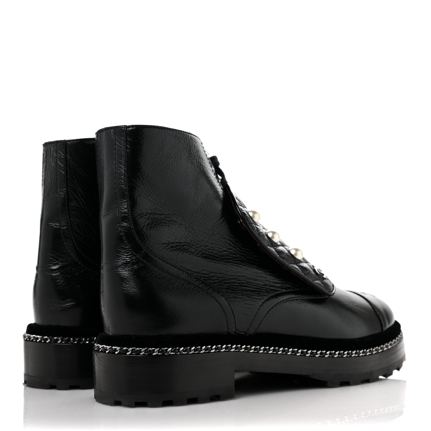 Crackled Calfskin Velvet Pearl Combat Short Boots 39.5 Black