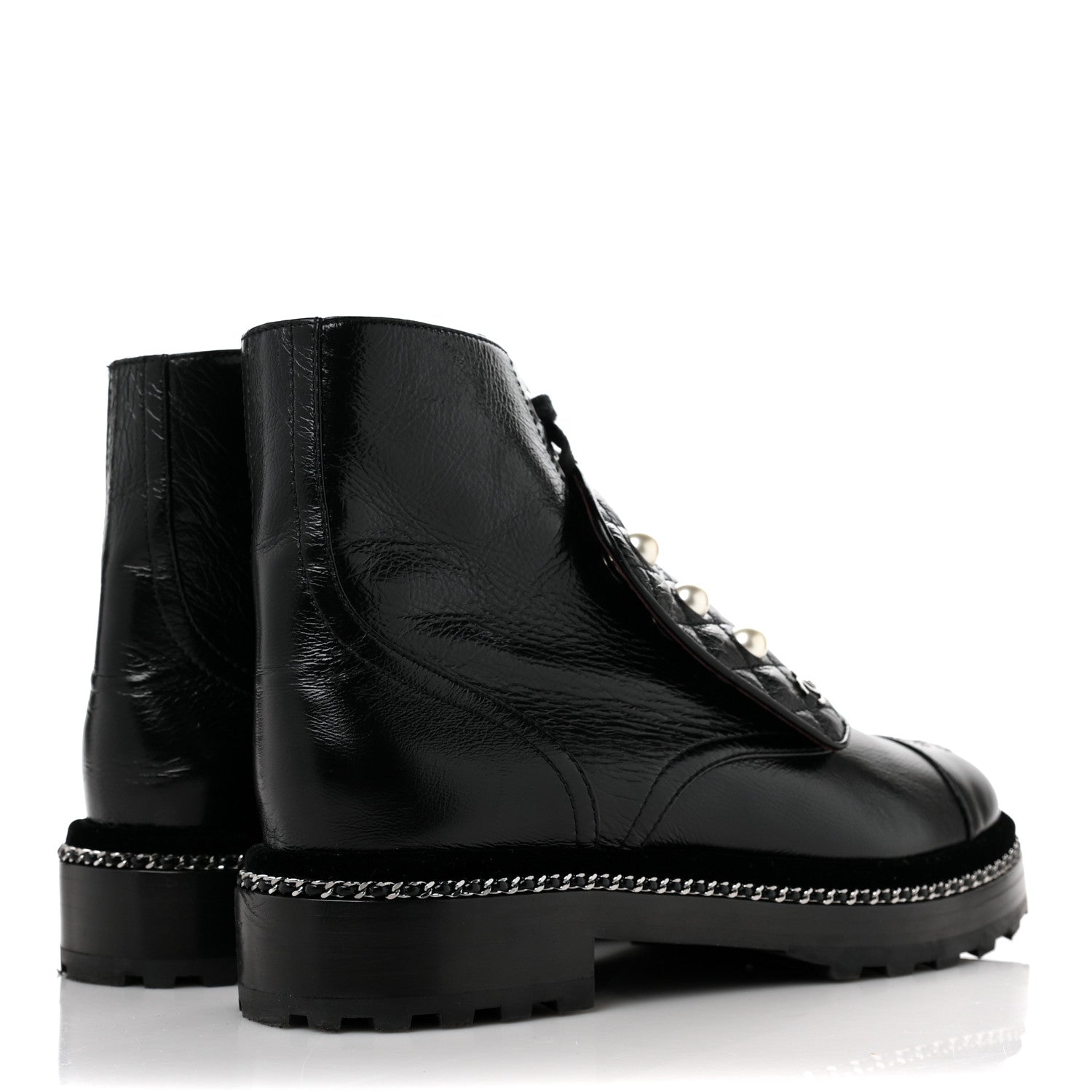 Chanel Crackled Calfskin Velvet Pearl Combat Short Boots 39.5 Black 4 of 5