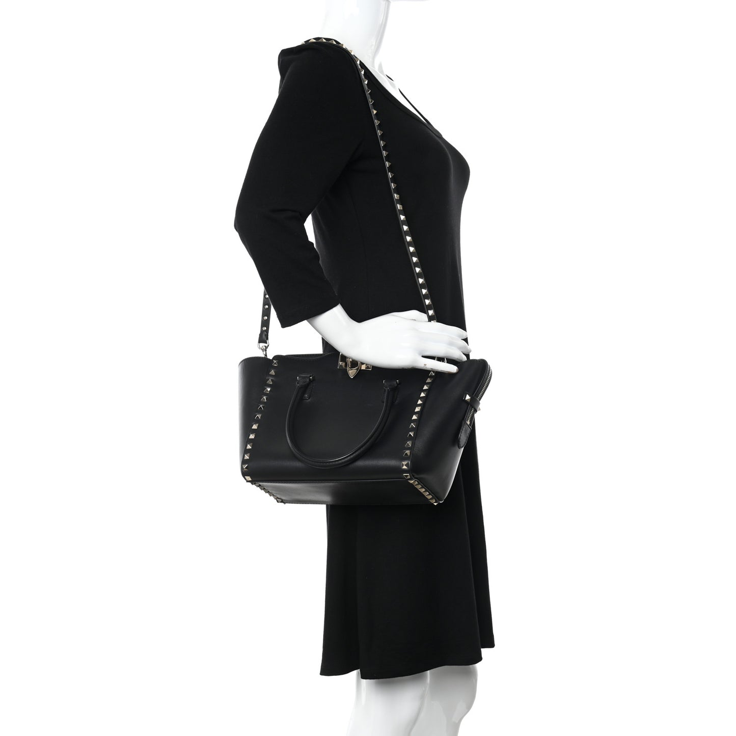 Vitello Small Rockstud Double Handle Tote Black
