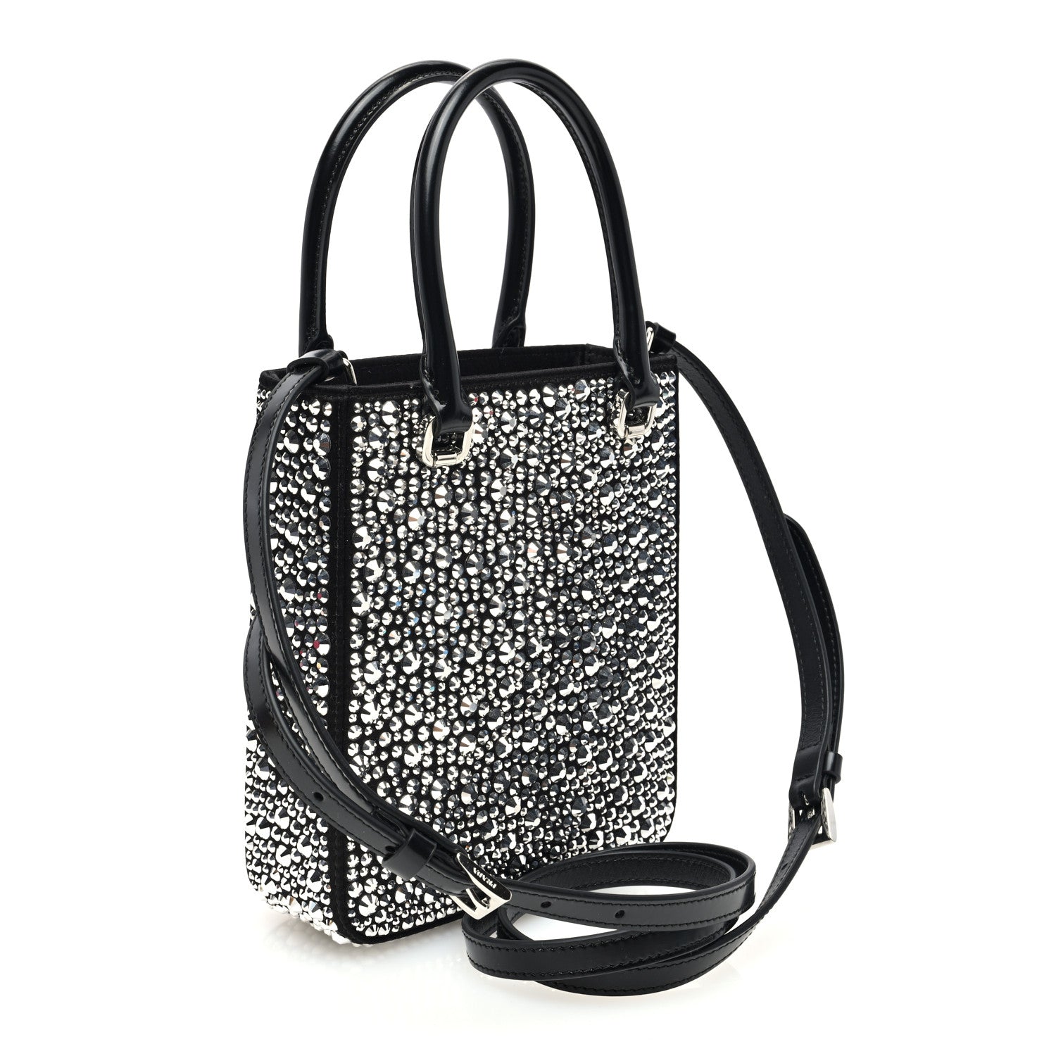 Prada Satin Crystal Metal Triangle Logo Small Double Handle Crossbody Tote Metal 3 of 9