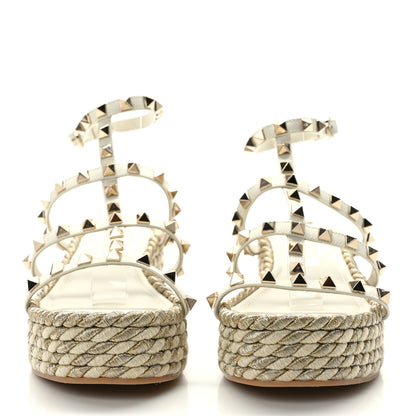 Valentino Garavani Calfskin Rockstud Ankle Strap Torchon Espadrille Caged 30/55mm Sandals 37 Light Ivory 2 of 7