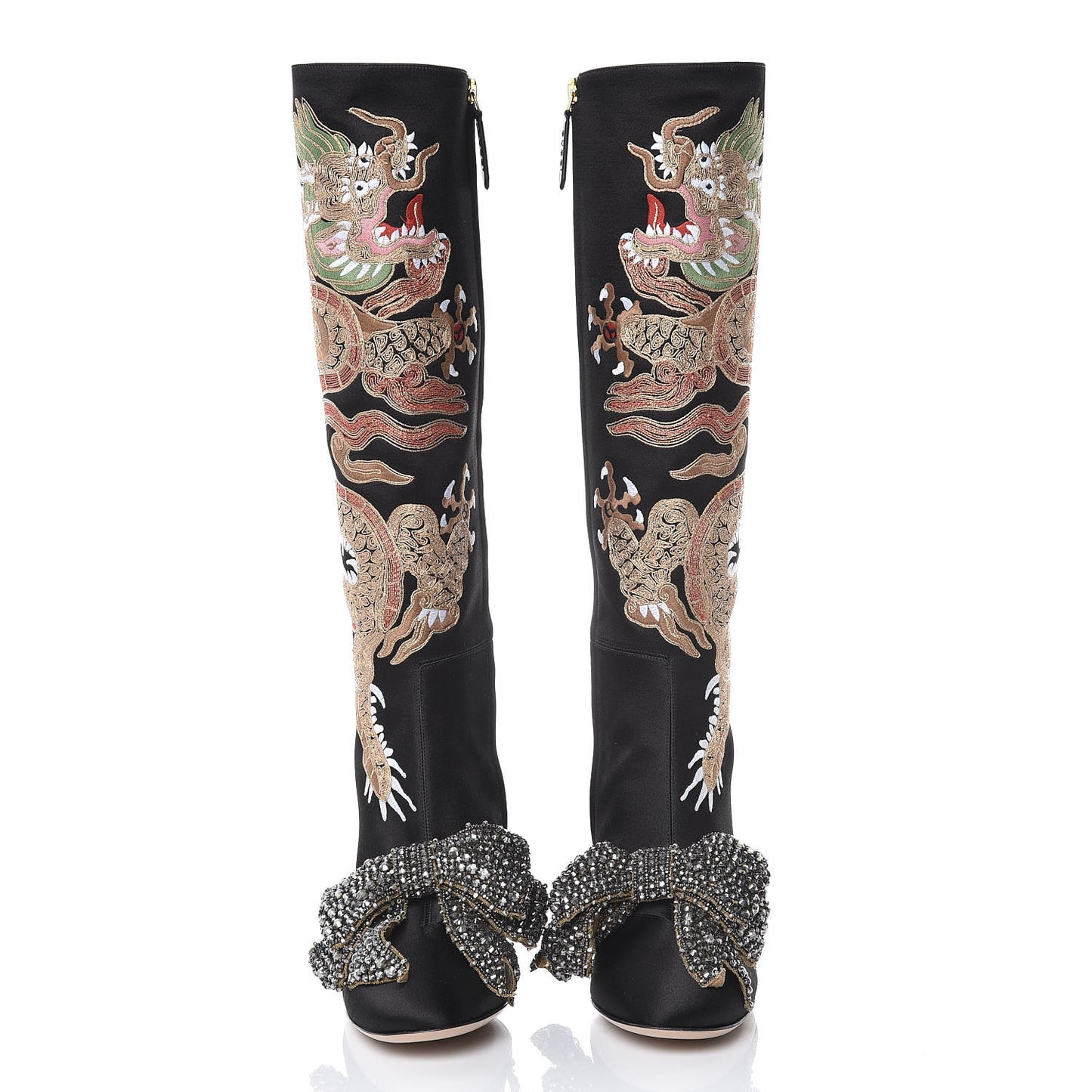 Silk Satin Malaga Kid Embroidered Candy Dragon Block-Heel Knee Boot 37.5 Black