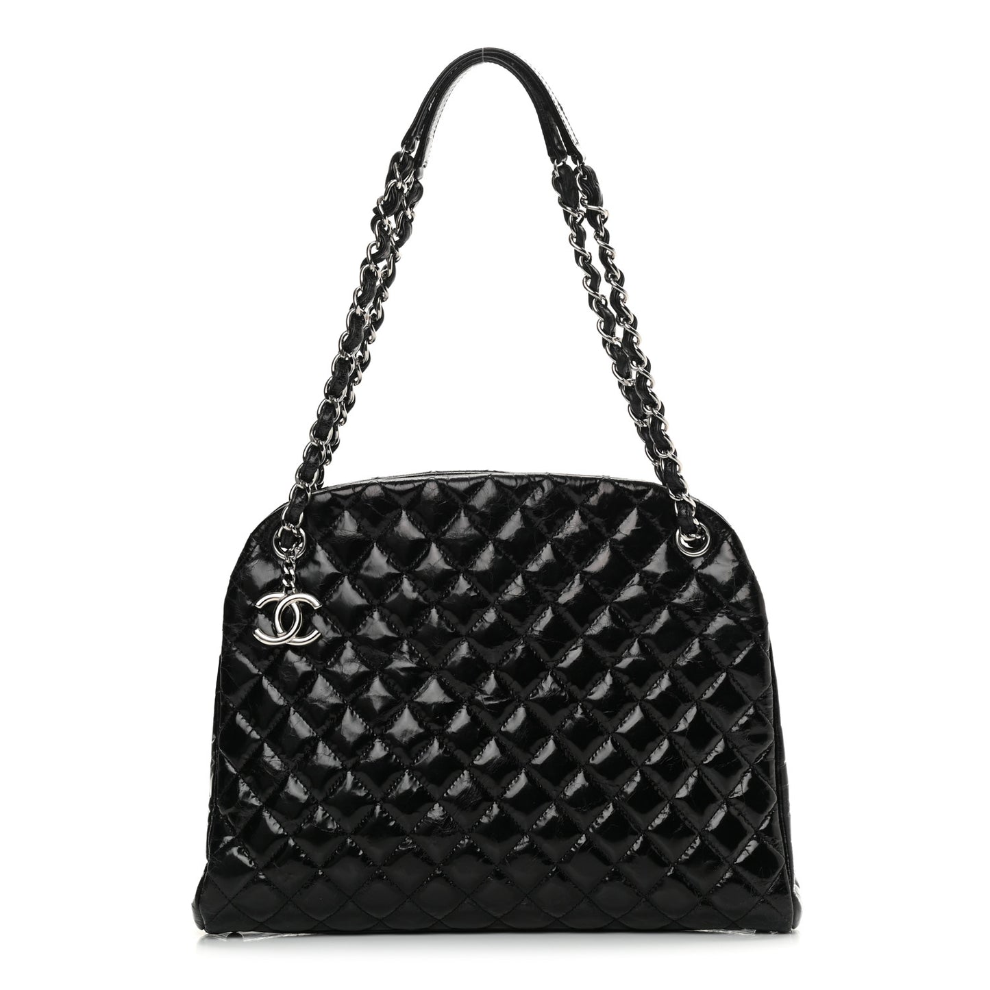 Glazed Calfskin Quilted Large Just Mademoiselle Bowling Bag Black