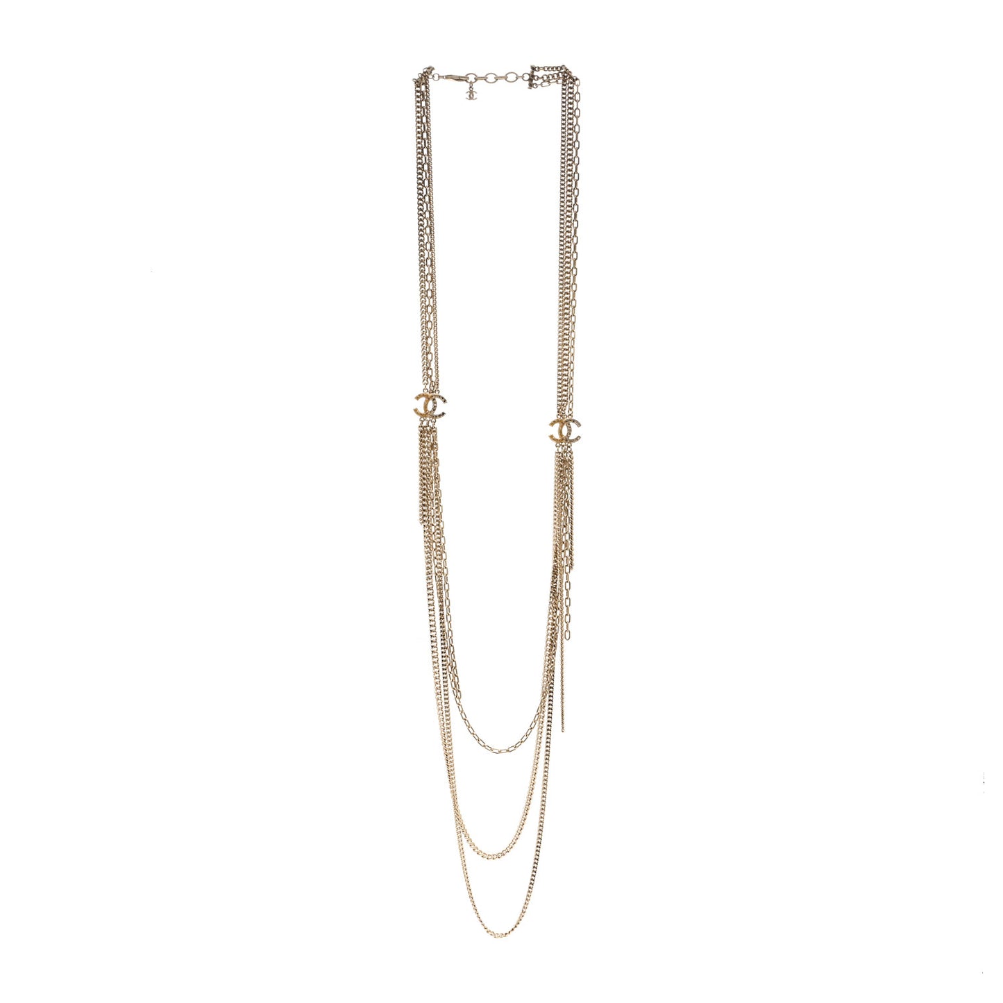 Baguette Crystal Gripoix Poured Glass CC Multi Strand Chain Necklace Light Gold