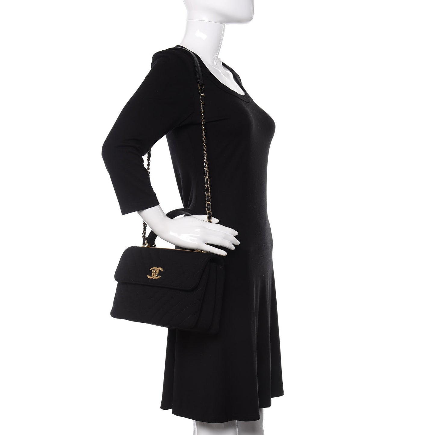 Jersey Chevron Quilted Small Trendy CC Dual Handle Flap Bag Black