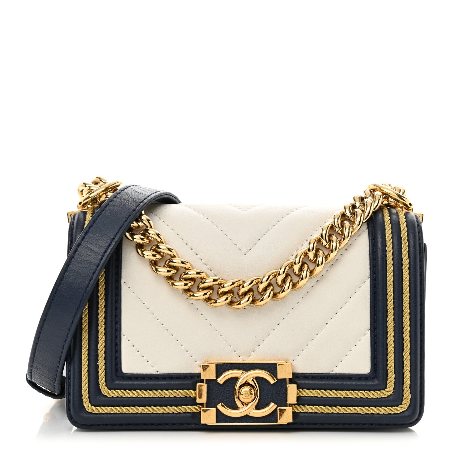 Chanel Calfskin Chevron Quilted Braided Small Boy Flap White Navy 1 of 14