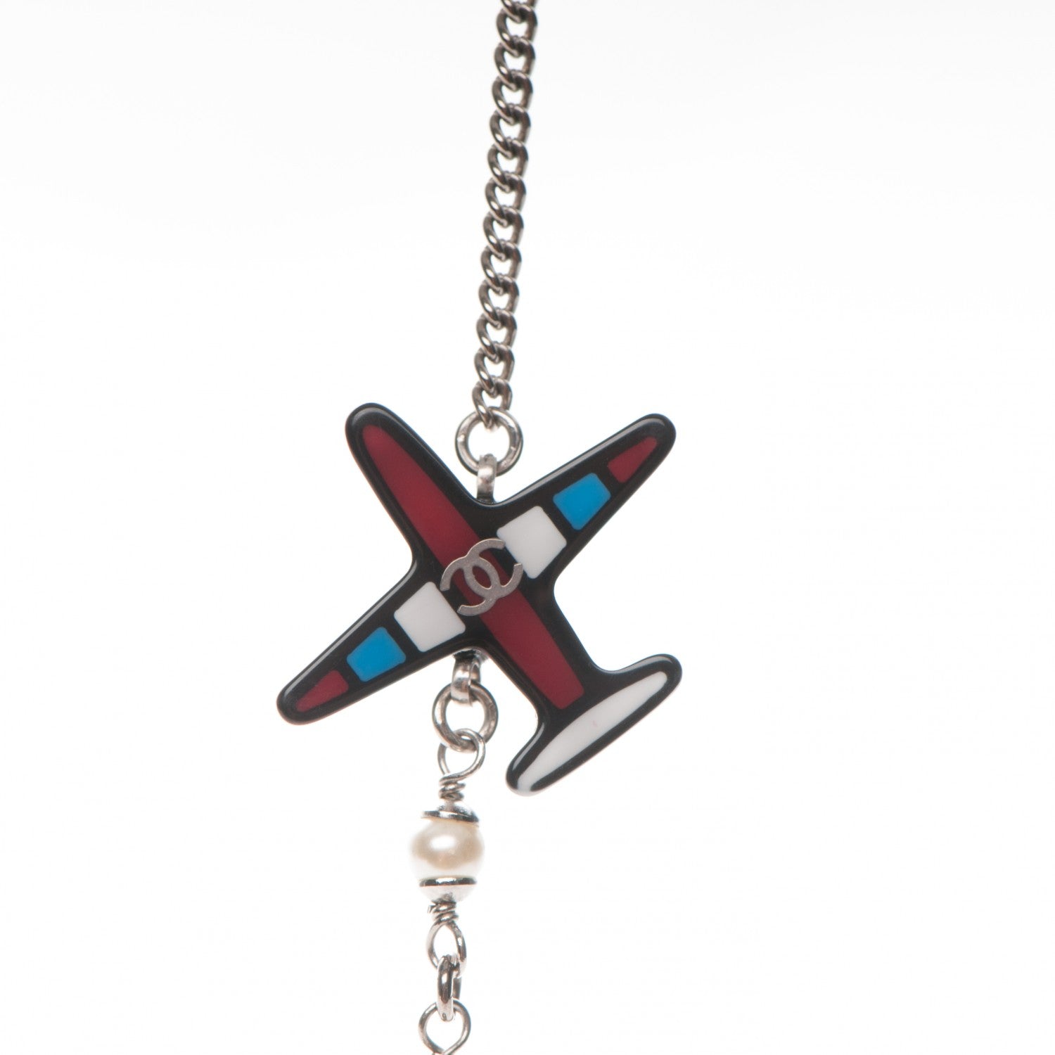 Chanel Resin Striped Pearl Airplane Necklace Black White Red 4 of 6