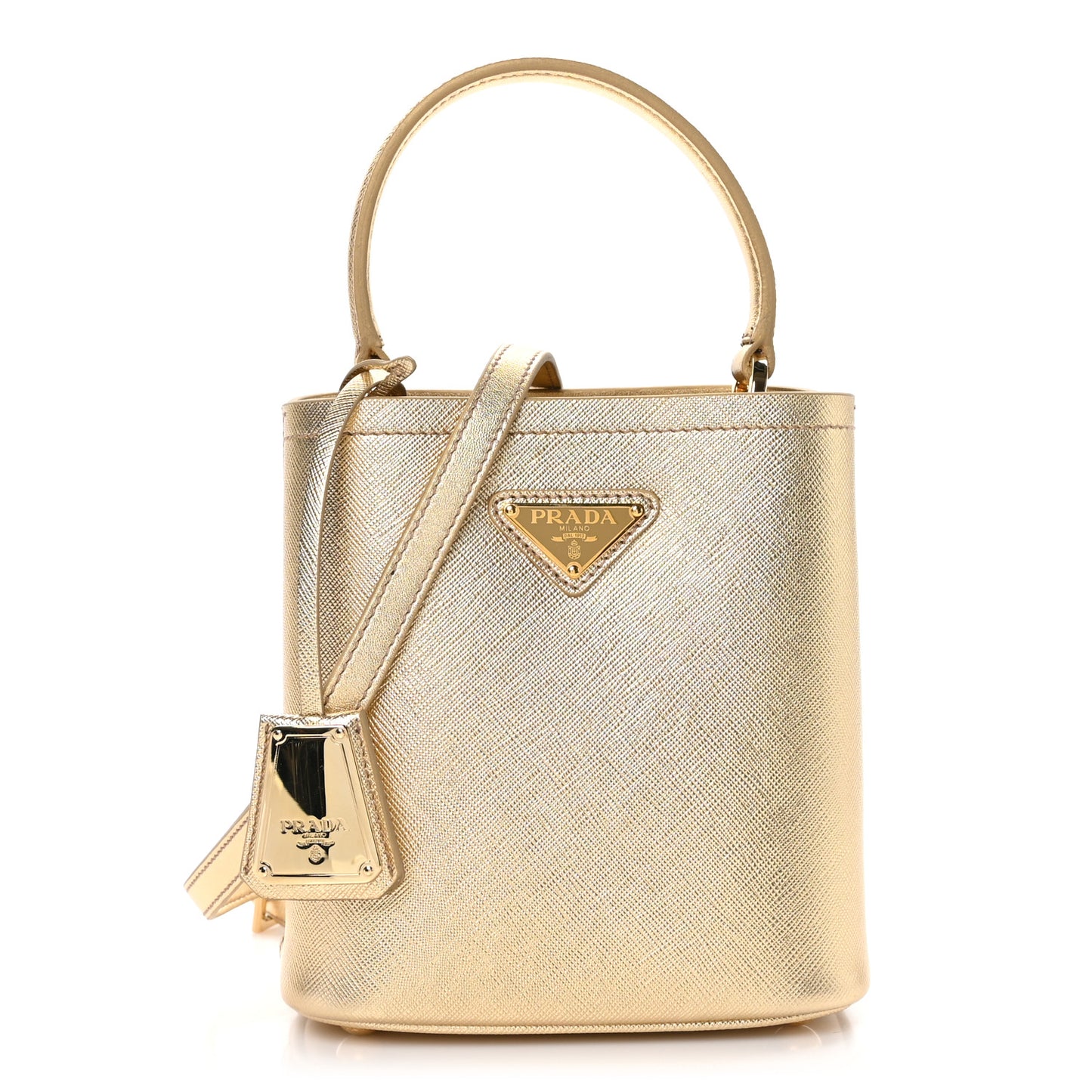 Metallic Saffiano Small Panier Bucket Bag Platino