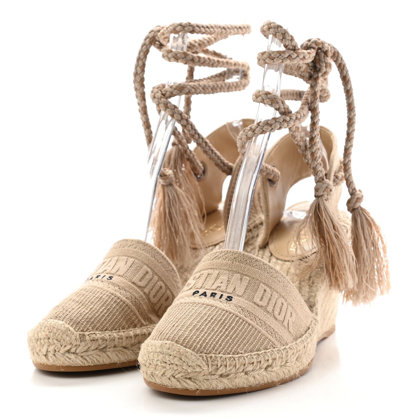 Canvas Embroidered Granville Ankle Tie Espadrille Wedges 40 Cream