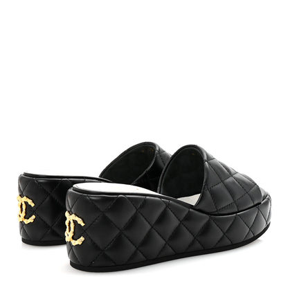 Chanel Lambskin Quilted Camelia CC Wedge Sandal Mules 38.5 Black 5 of 10