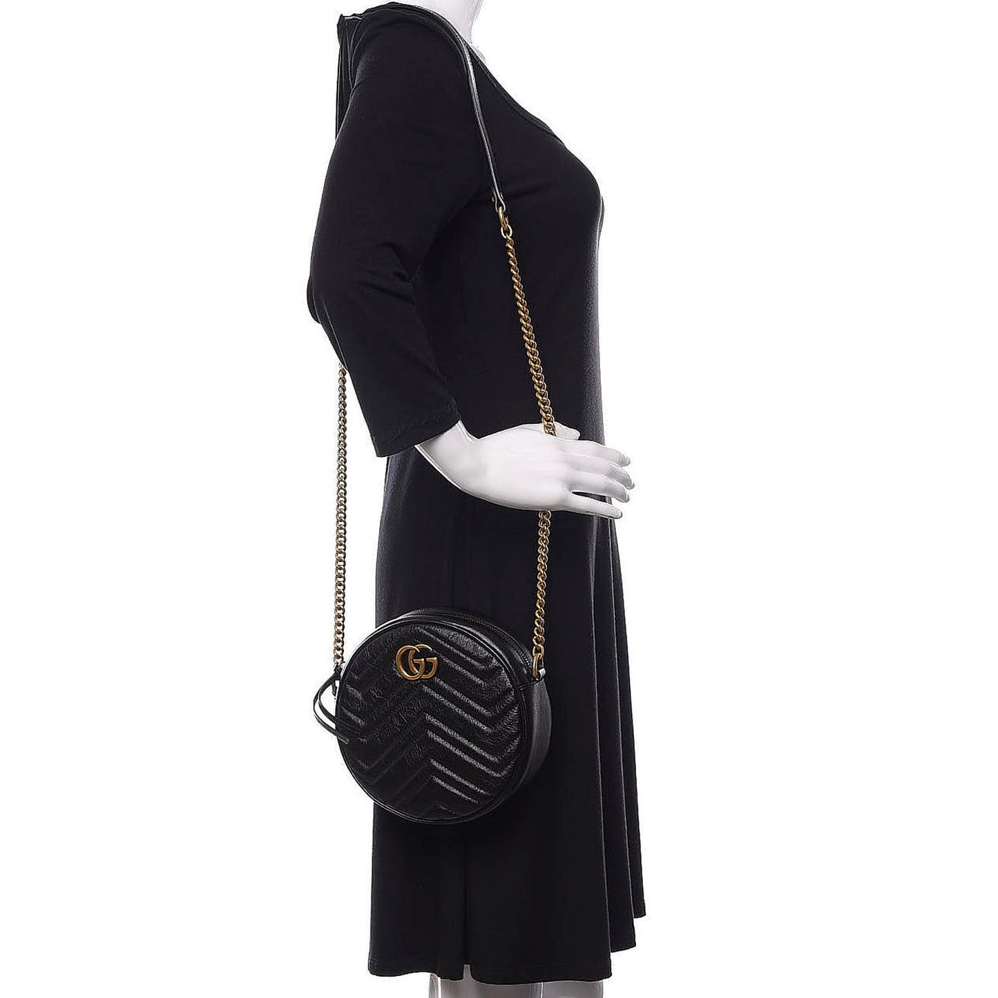 Azalea Calfskin Matelasse Heart Mini GG Marmont Round Shoulder Bag Black