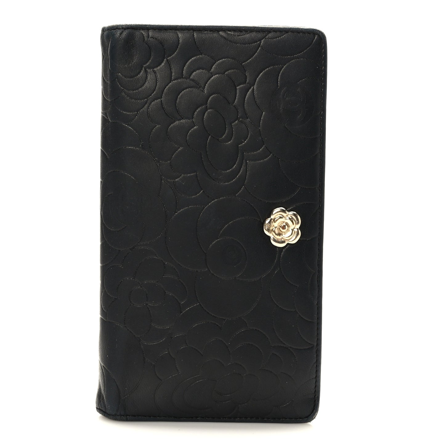 Lambskin Camellia Embossed Yen Wallet Black