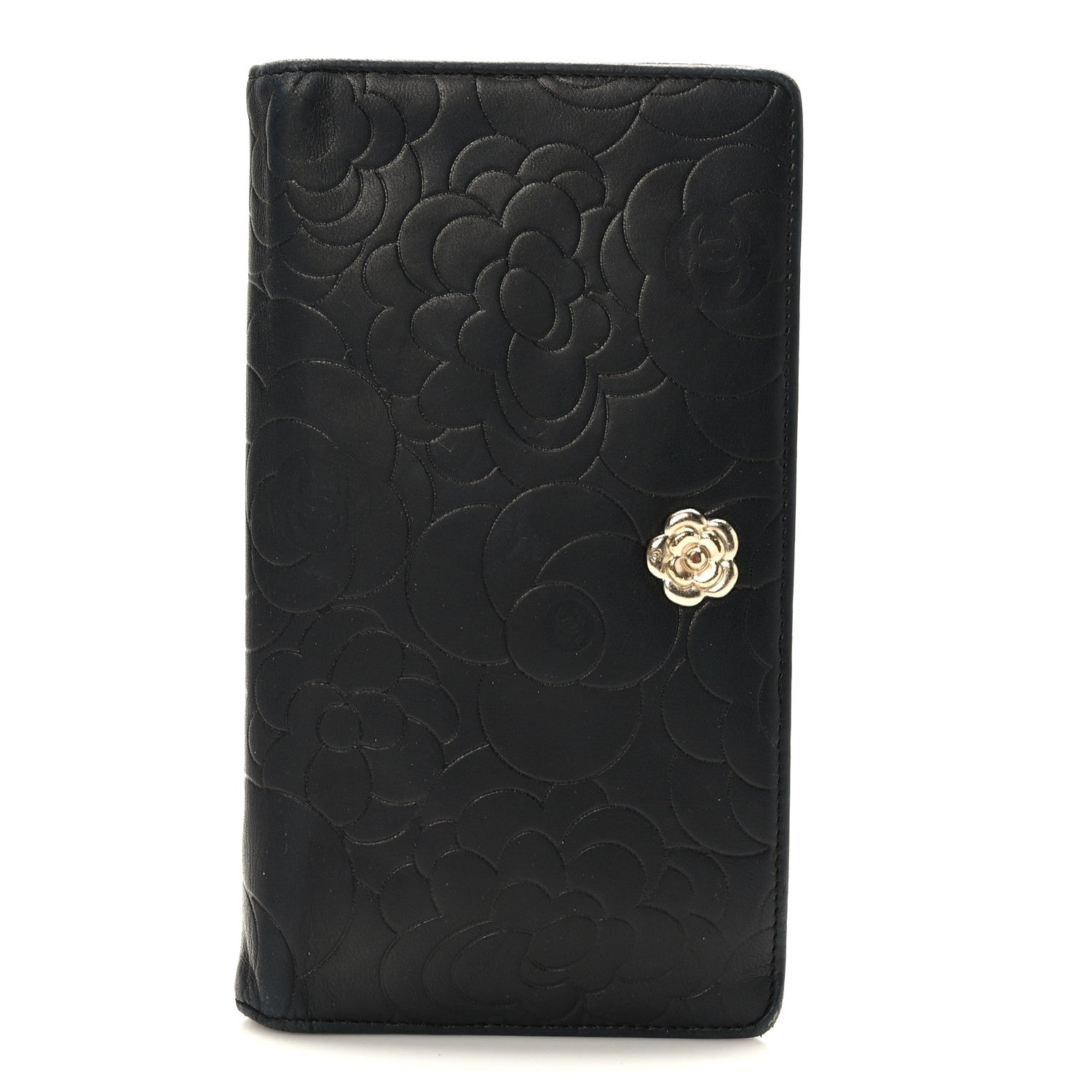 Chanel Lambskin Camellia Embossed Yen Wallet Black 1 of 8
