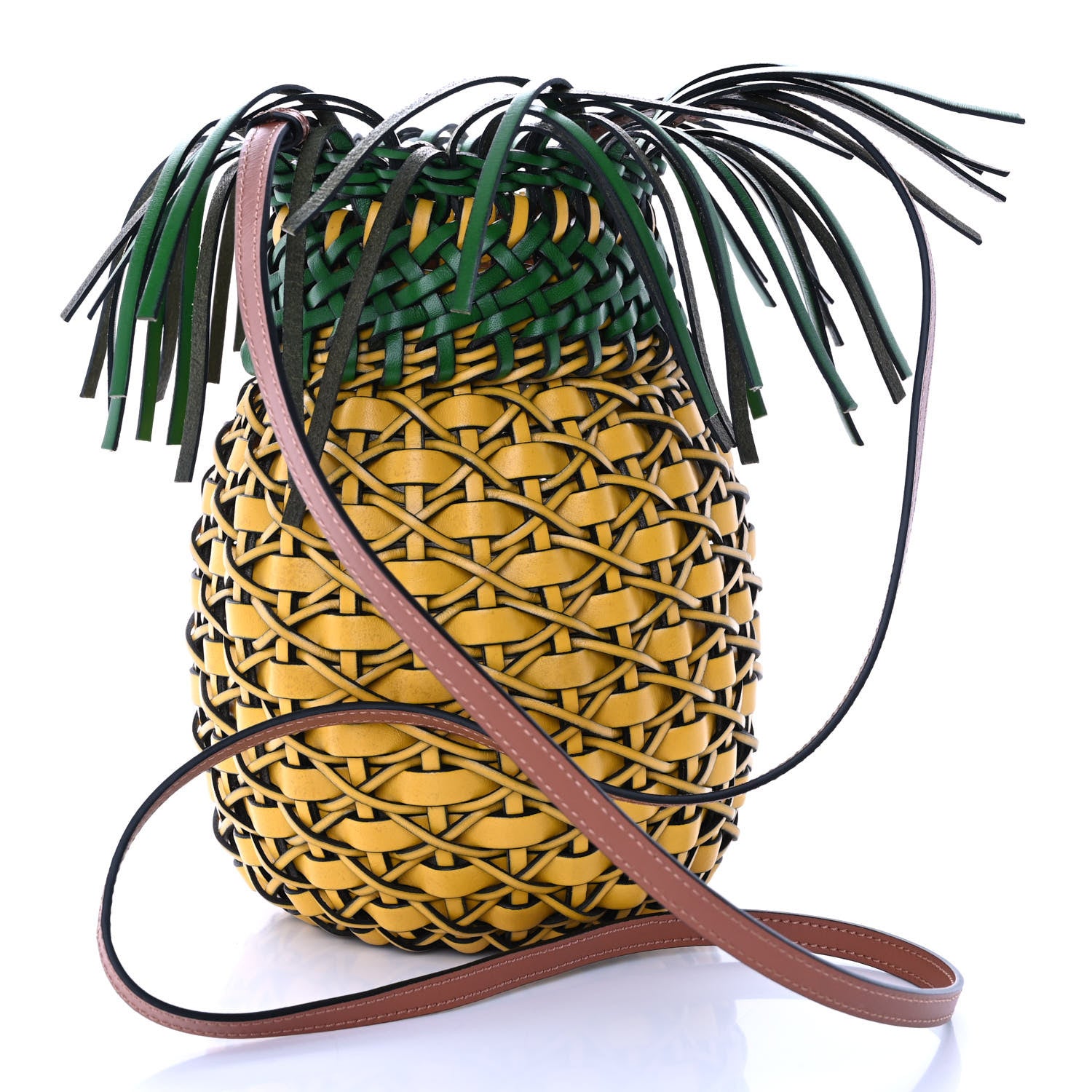 Loewe Calfskin Fringe Woven Pineapple Bucket Bag Yellow Green 3 of 9