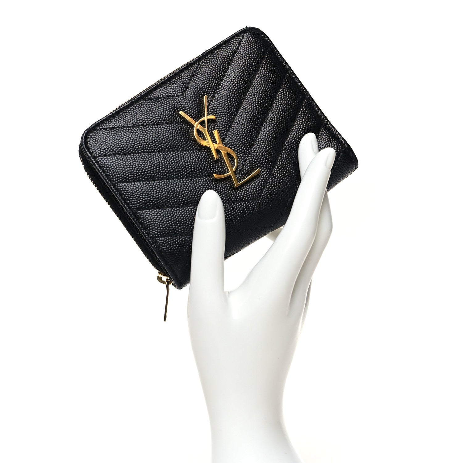 Saint Laurent Grain De Poudre Matelasse Chevron Monogram Compact Zip Around Wallet Black 2 of 10