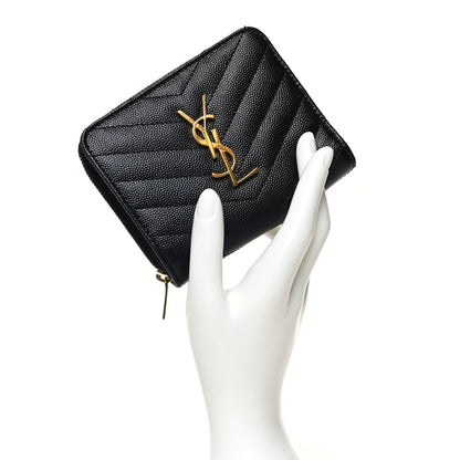 Saint Laurent Grain De Poudre Matelasse Chevron Monogram Compact Zip Around Wallet Black 2 of 10