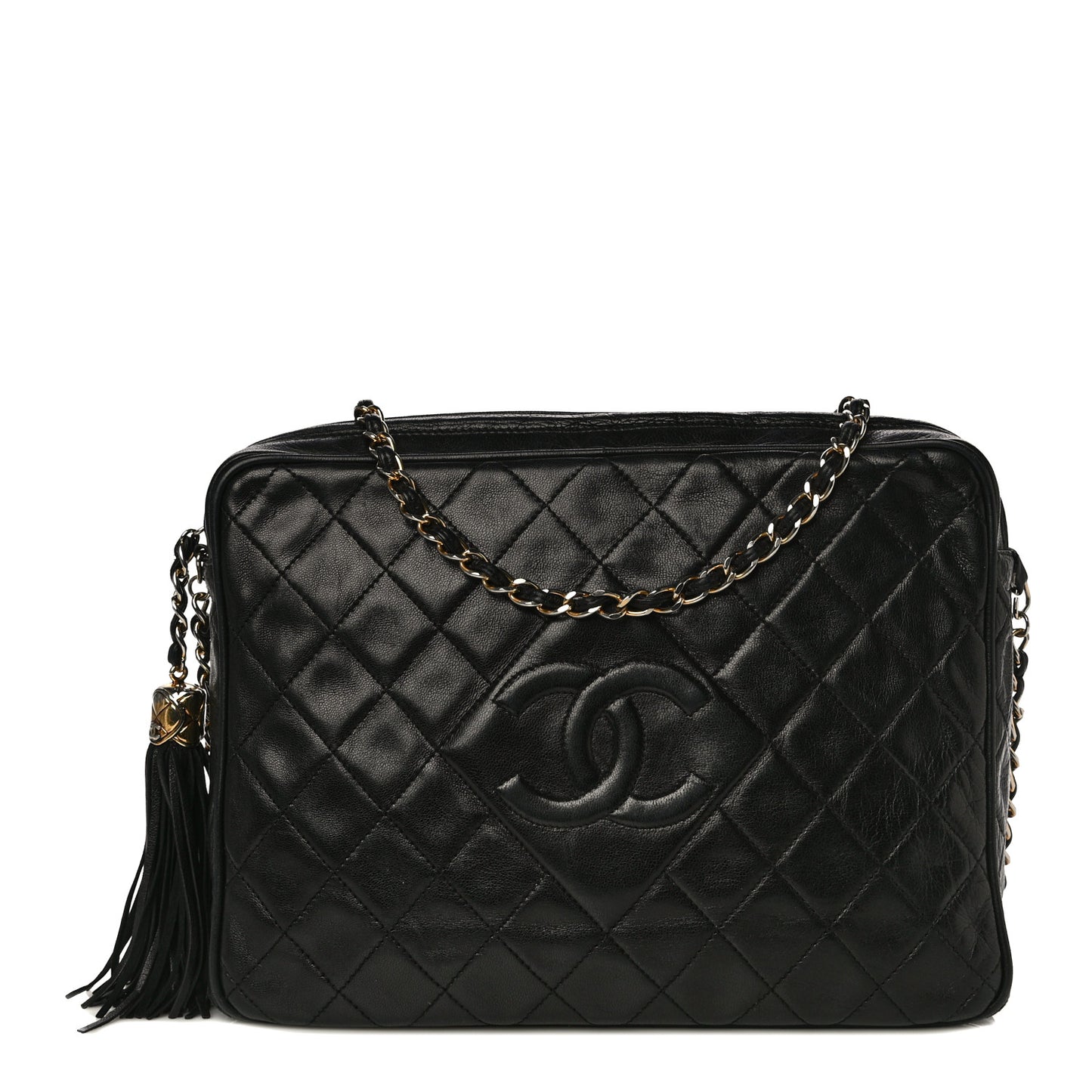 Lambskin Quilted CC Tassel Camera Case Black