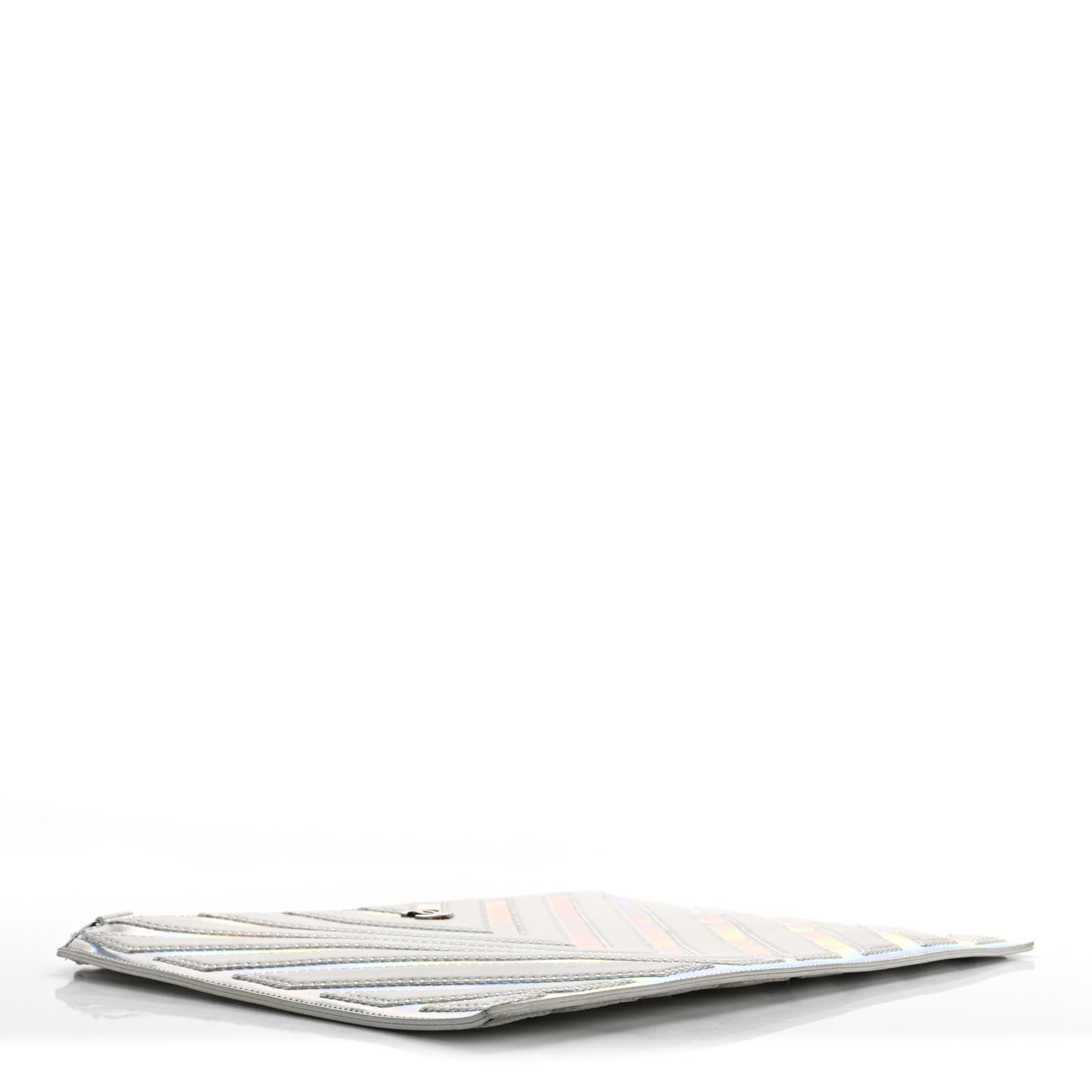 Lambskin Metallic Chevron Zip Pouch White Silver