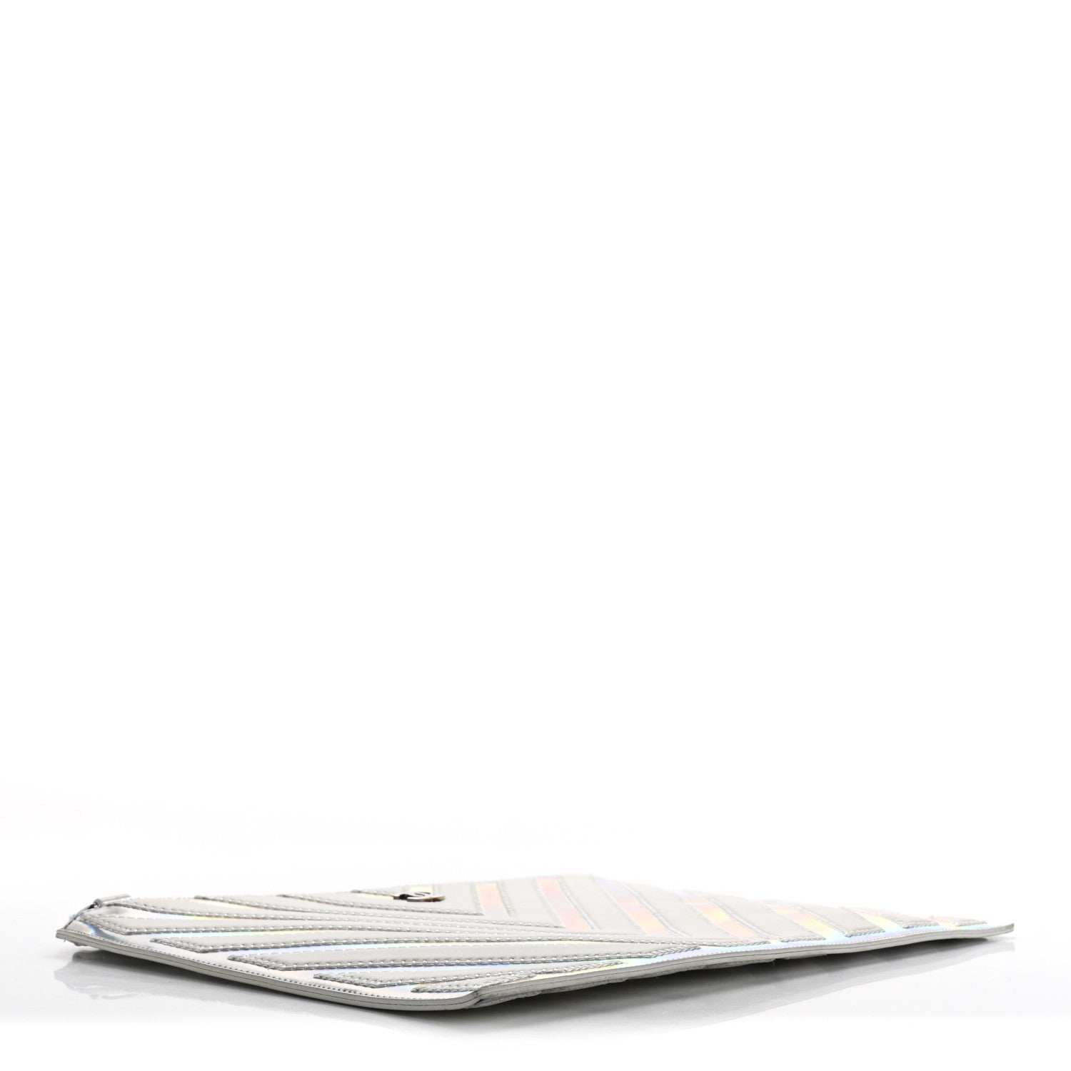 Chanel Lambskin Metallic Chevron Zip Pouch White Silver 4 of 12