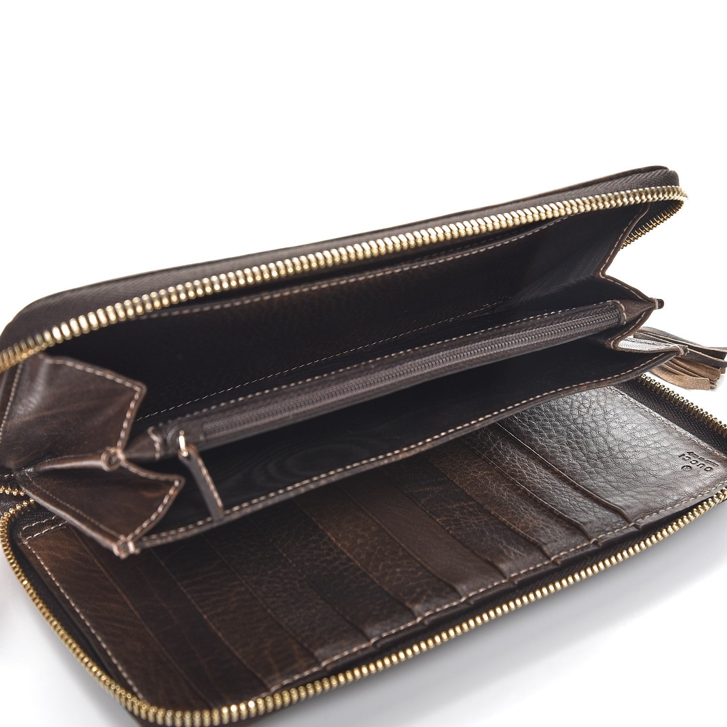 Gucci Monogram Calfskin Bamboo Tassel Zip Around Wallet Beige Ebony Chocolate 6 of 9